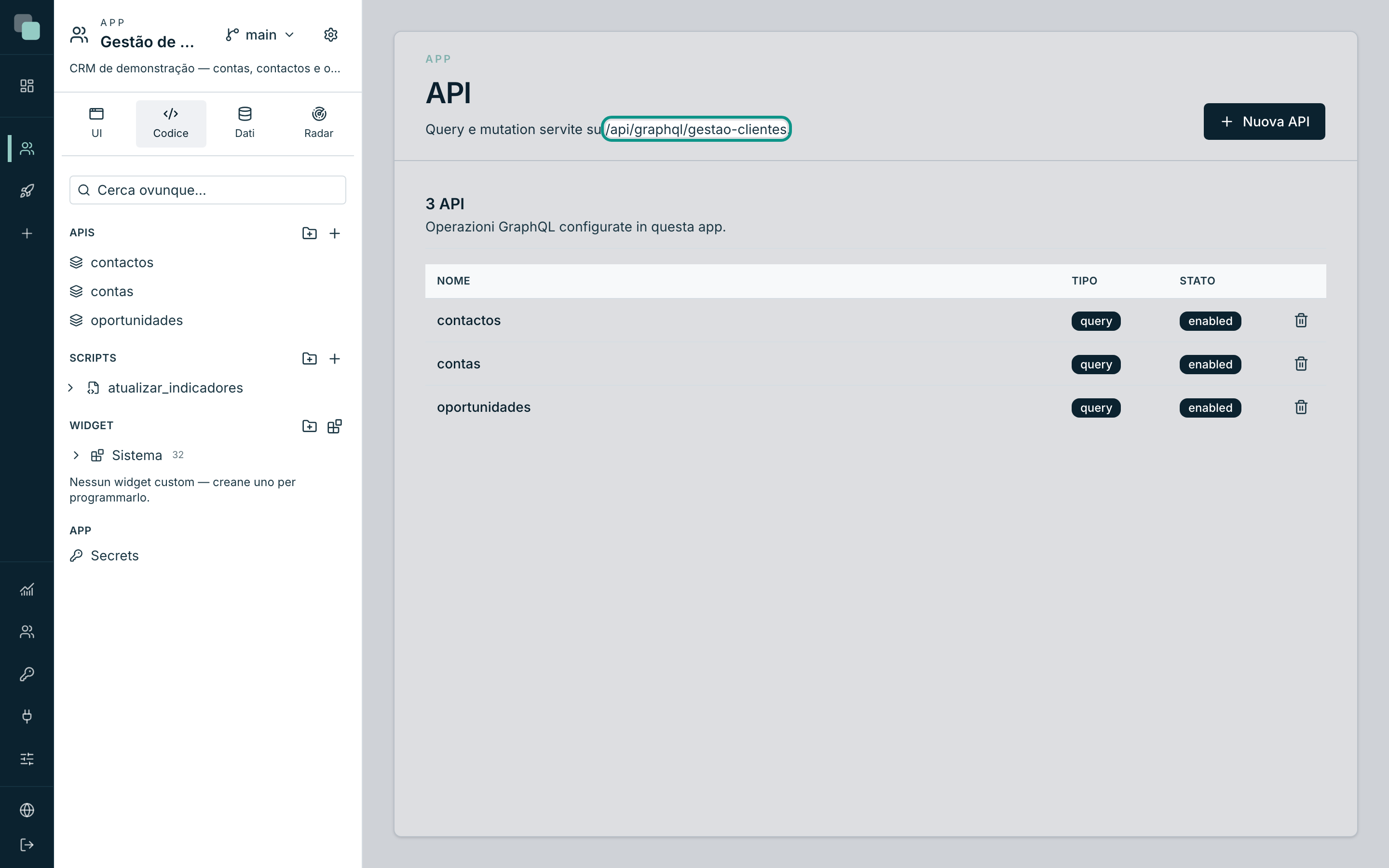 La pagina API dell'app, con l'indirizzo dell'endpoint GraphQL in cima.