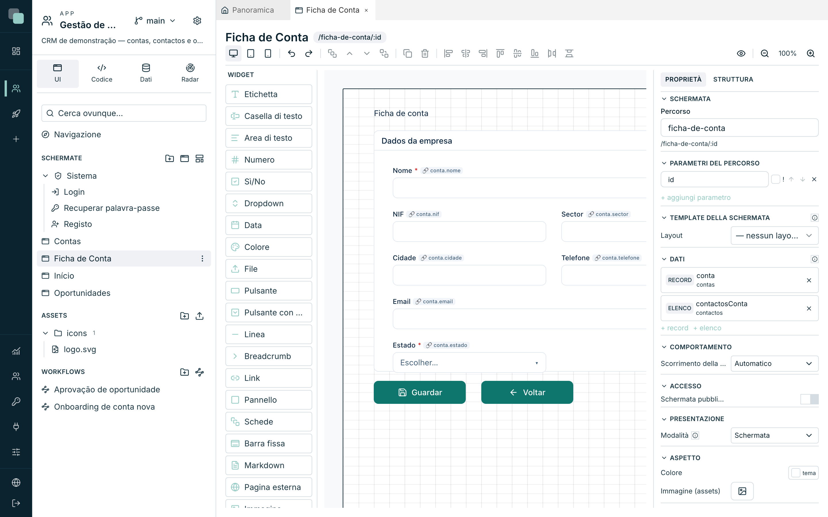 La schermata Scheda Account: campi di modulo collegati al datastore di record, pronti da salvare.