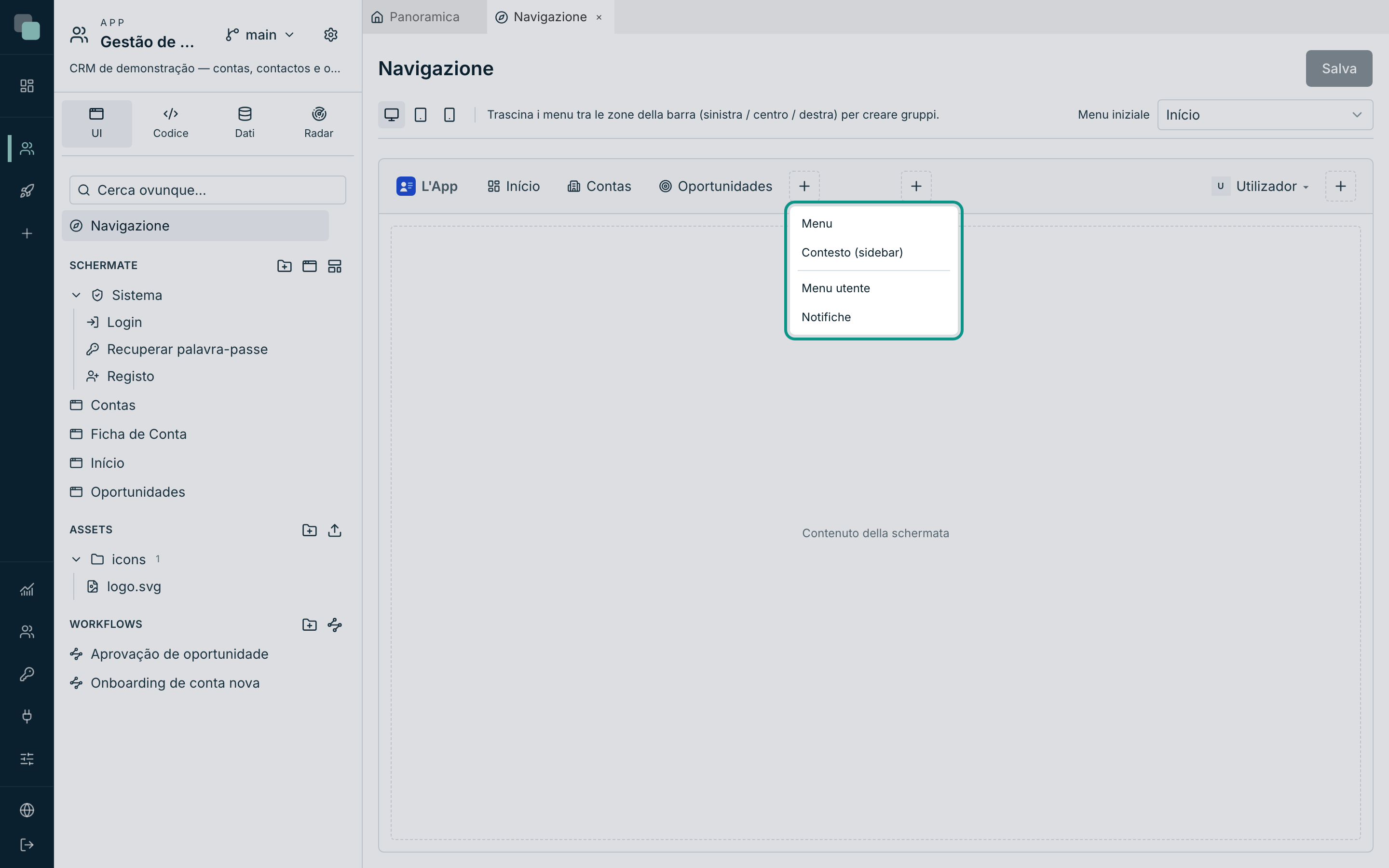 Il + di una zona: i tipi di menu che la barra superiore accetta — elemento, contesto con barra laterale, menu utente e notifiche.