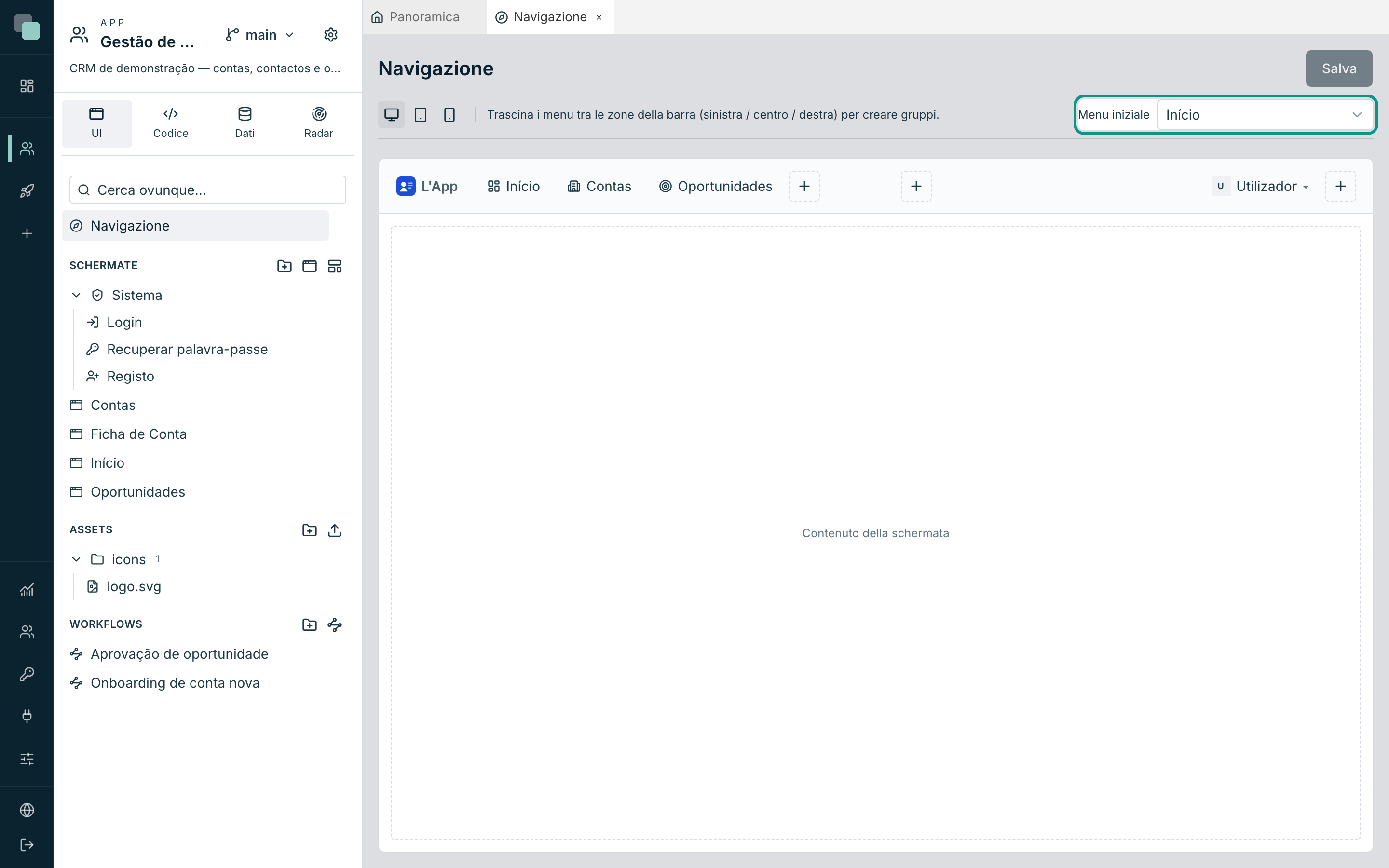 Menu iniziale — quale dei menu si apre quando qualcuno entra nell'app, scelto per dispositivo.