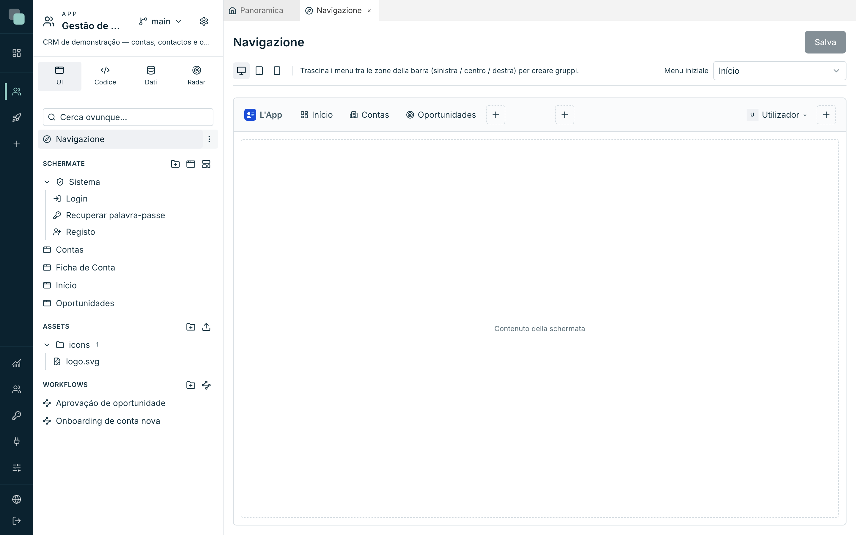 L'editor di Navigazione in Web: la barra superiore disegnata così come appare nell'app, con le zone sinistra, centro e destra.