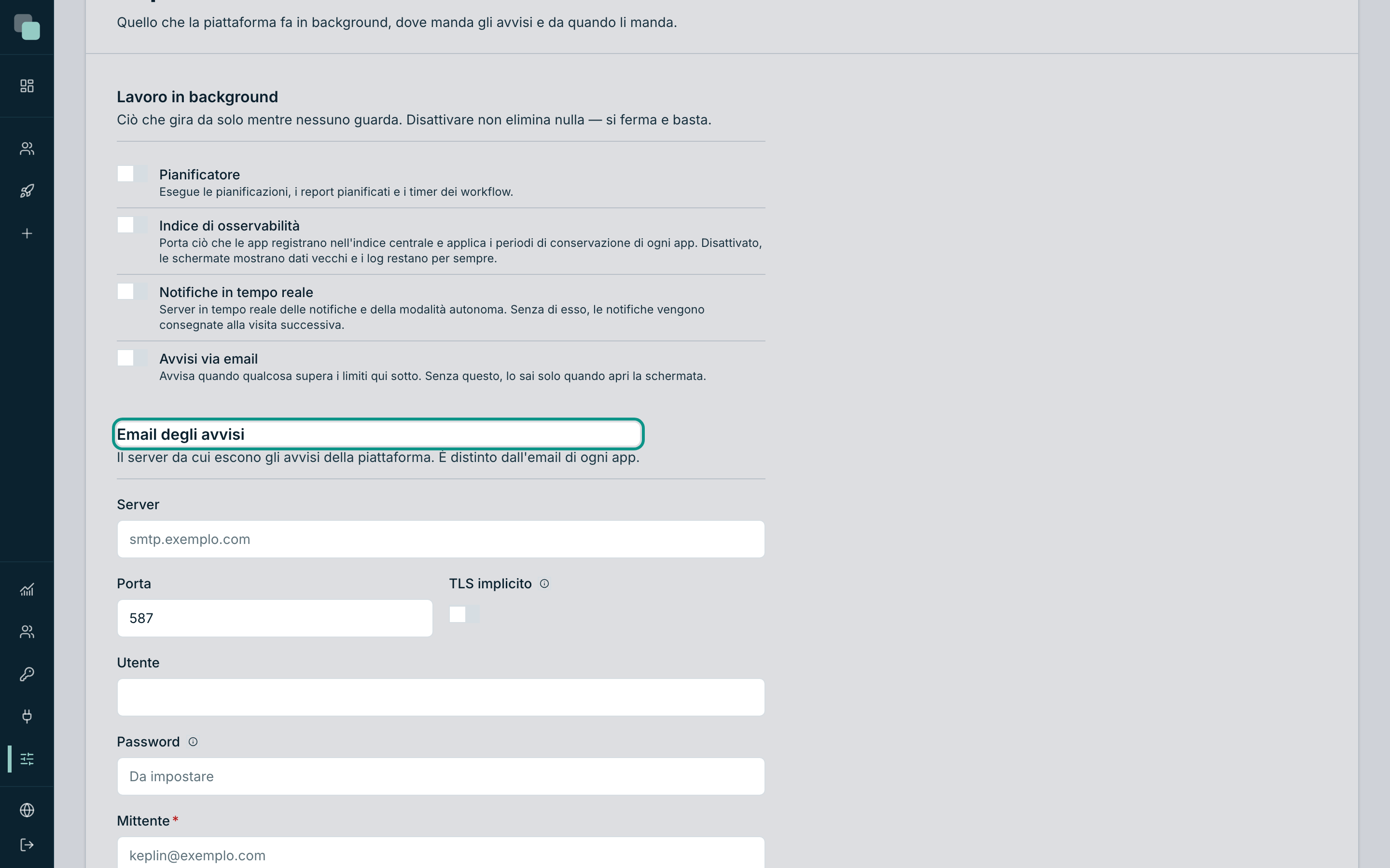 La sezione dell'email degli avvisi compilata