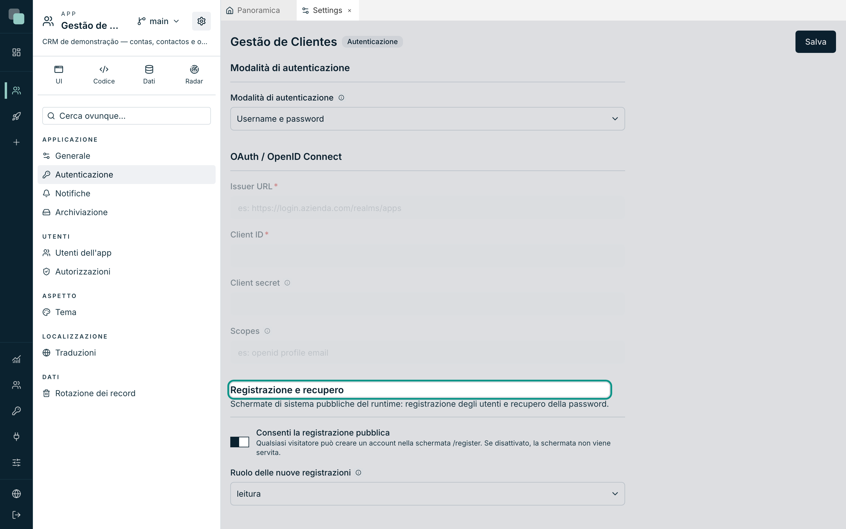 La sezione Autenticazione, con la registrazione e il recupero