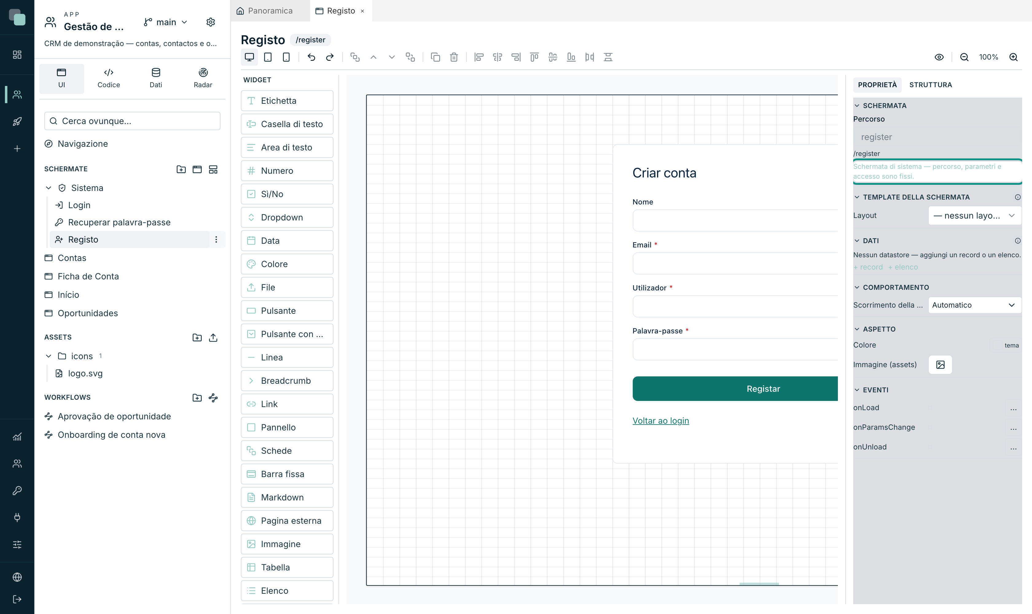 La schermata Registrazione nel costruttore, con l'avviso di schermata di sistema