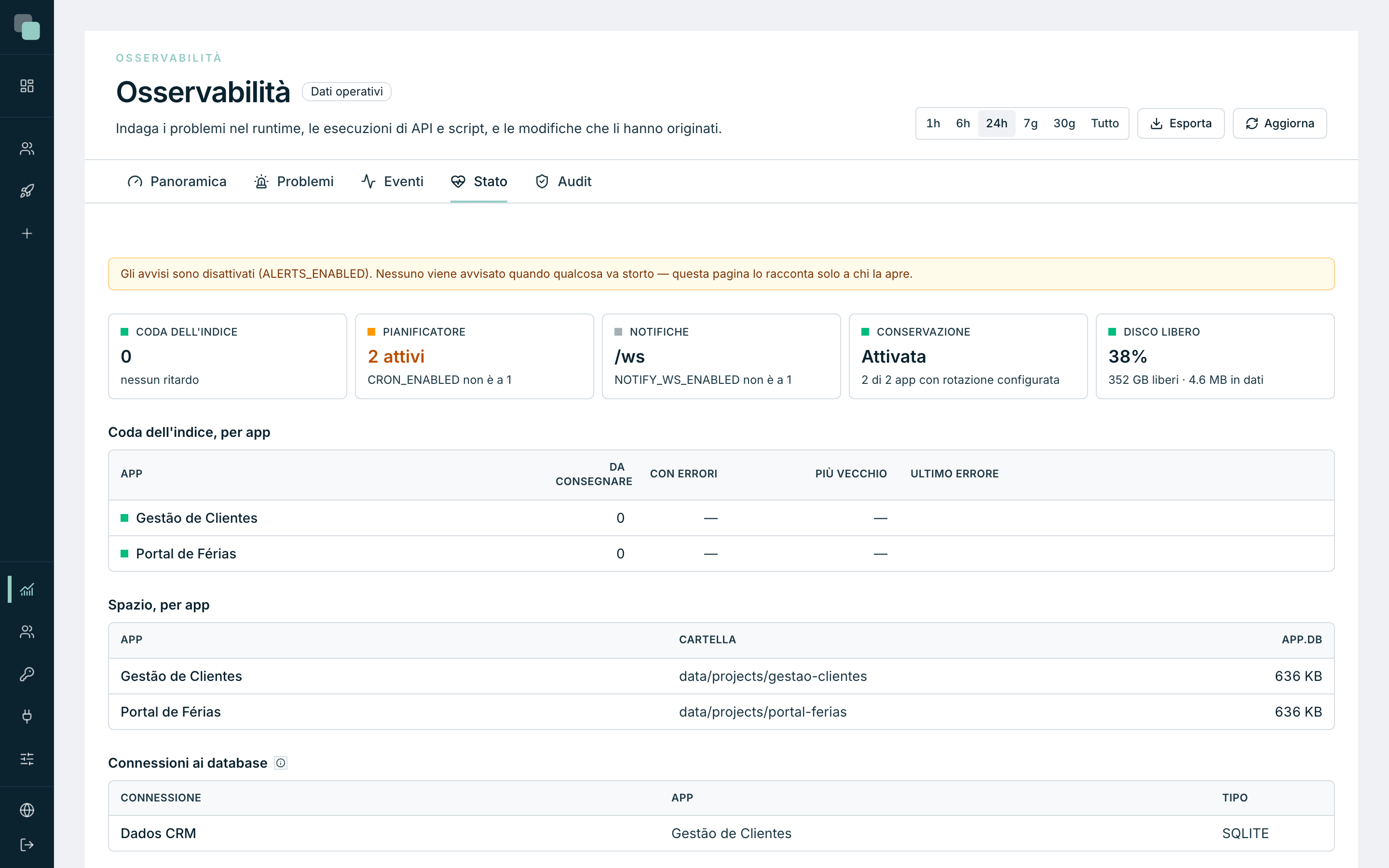 La sezione Stato: coda, pianificatore, notifiche, conservazione e spazio, per app