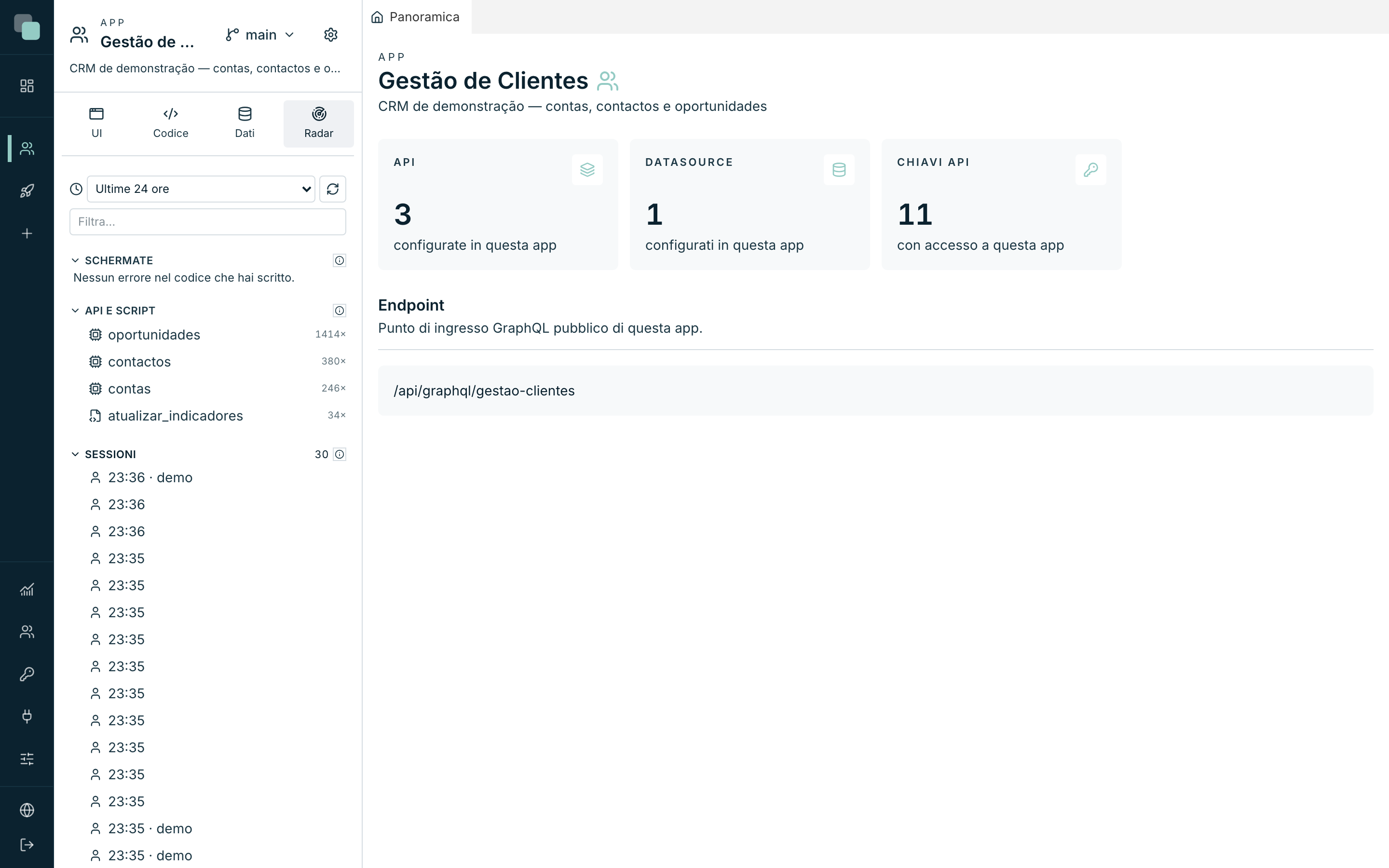 La sezione Sessioni espansa, con una riga per visita all'app