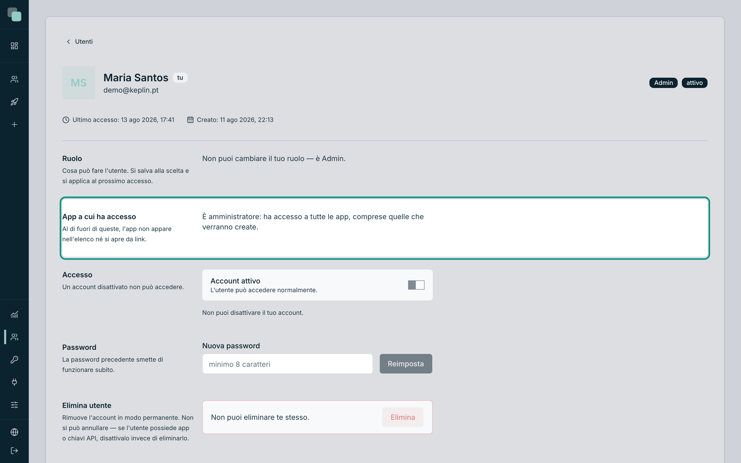 Lo stesso pannello nella scheda di un amministratore: senza scelta, con accesso a tutte le app