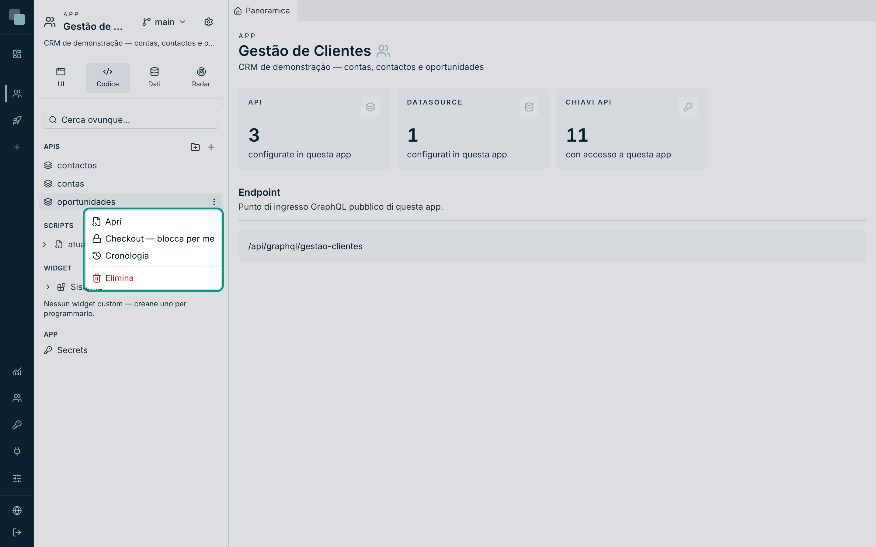 Lo stesso Checkout nel menu delle azioni di un elemento dell'albero Codice