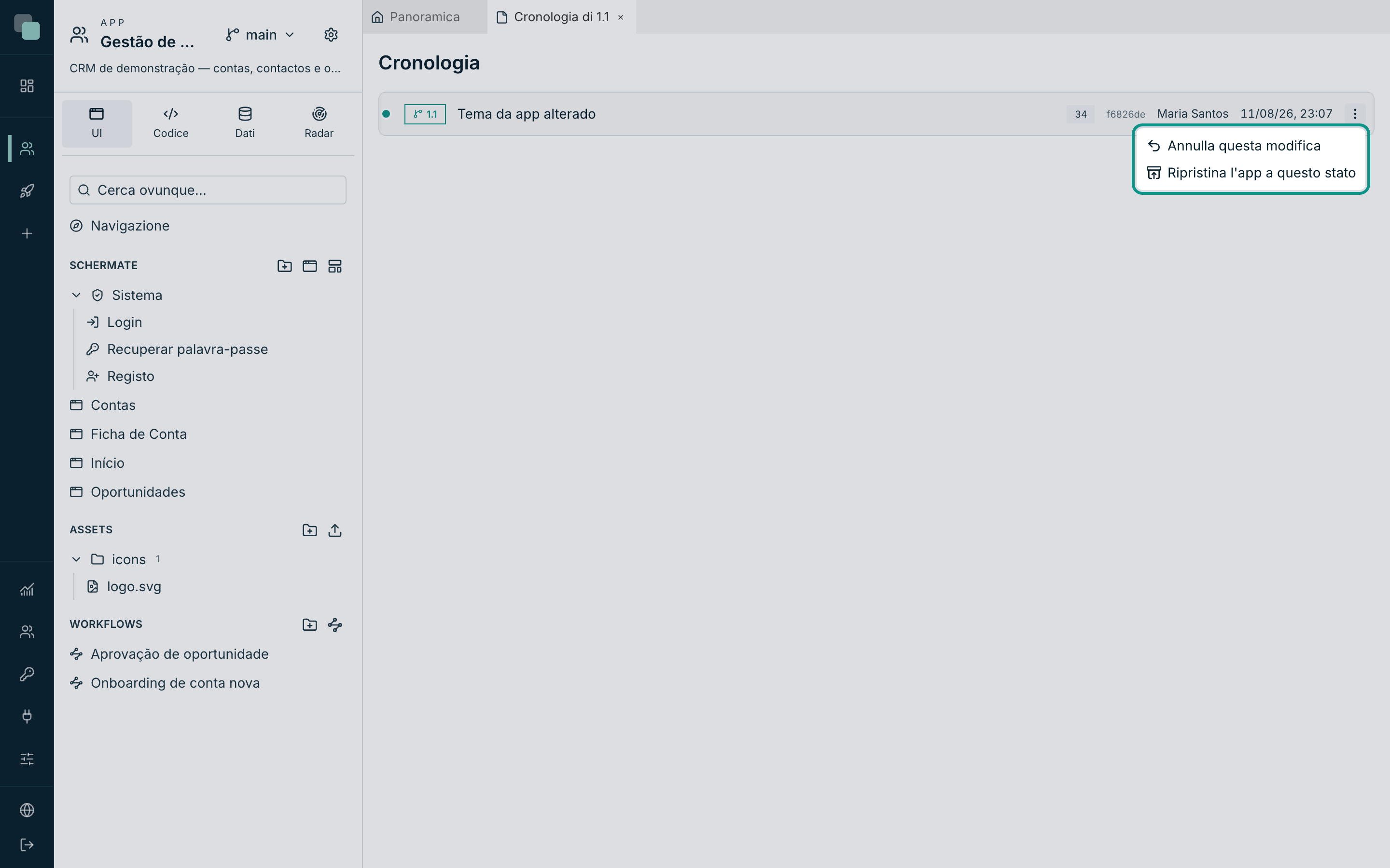 Il menu delle azioni di un commit, con Annulla questa modifica e Ripristina l'app a questo stato