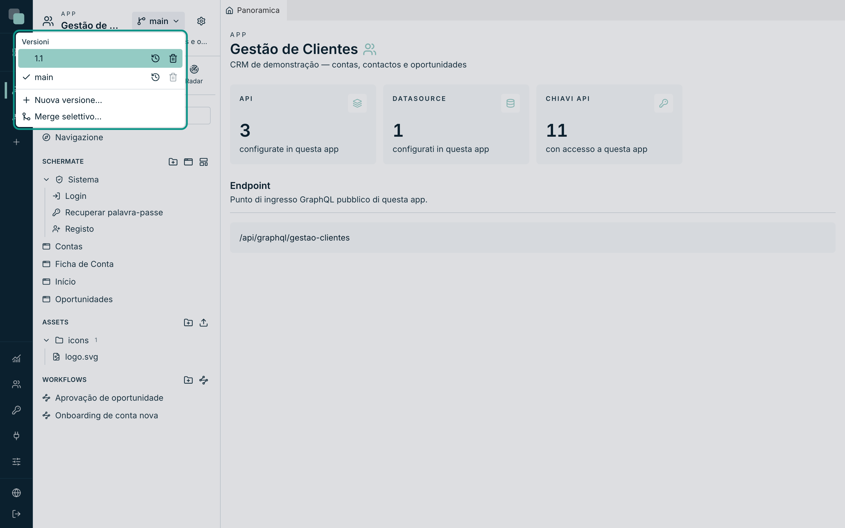 Il menu Versioni: la versione di lavoro segnata è quella di chi sta guardando, non quella della squadra