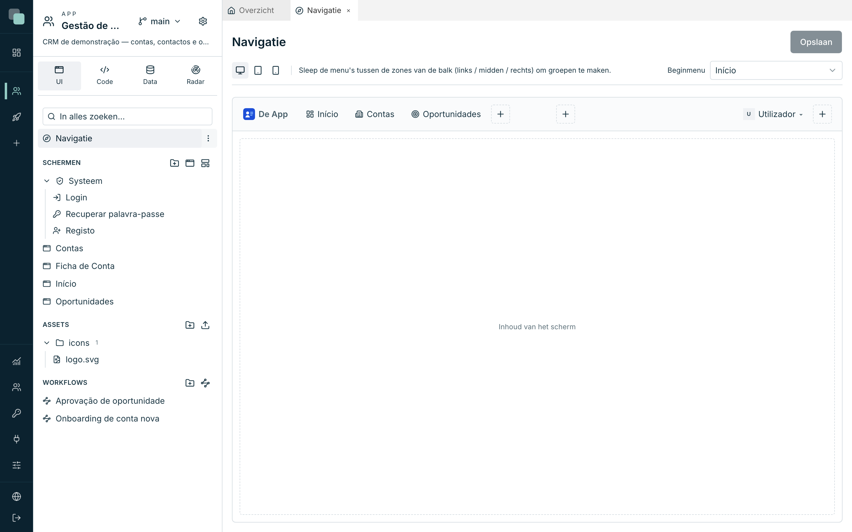 De editor Navigatie in Web: de bovenbalk getekend zoals hij in de app verschijnt, met de zones links, midden en rechts.