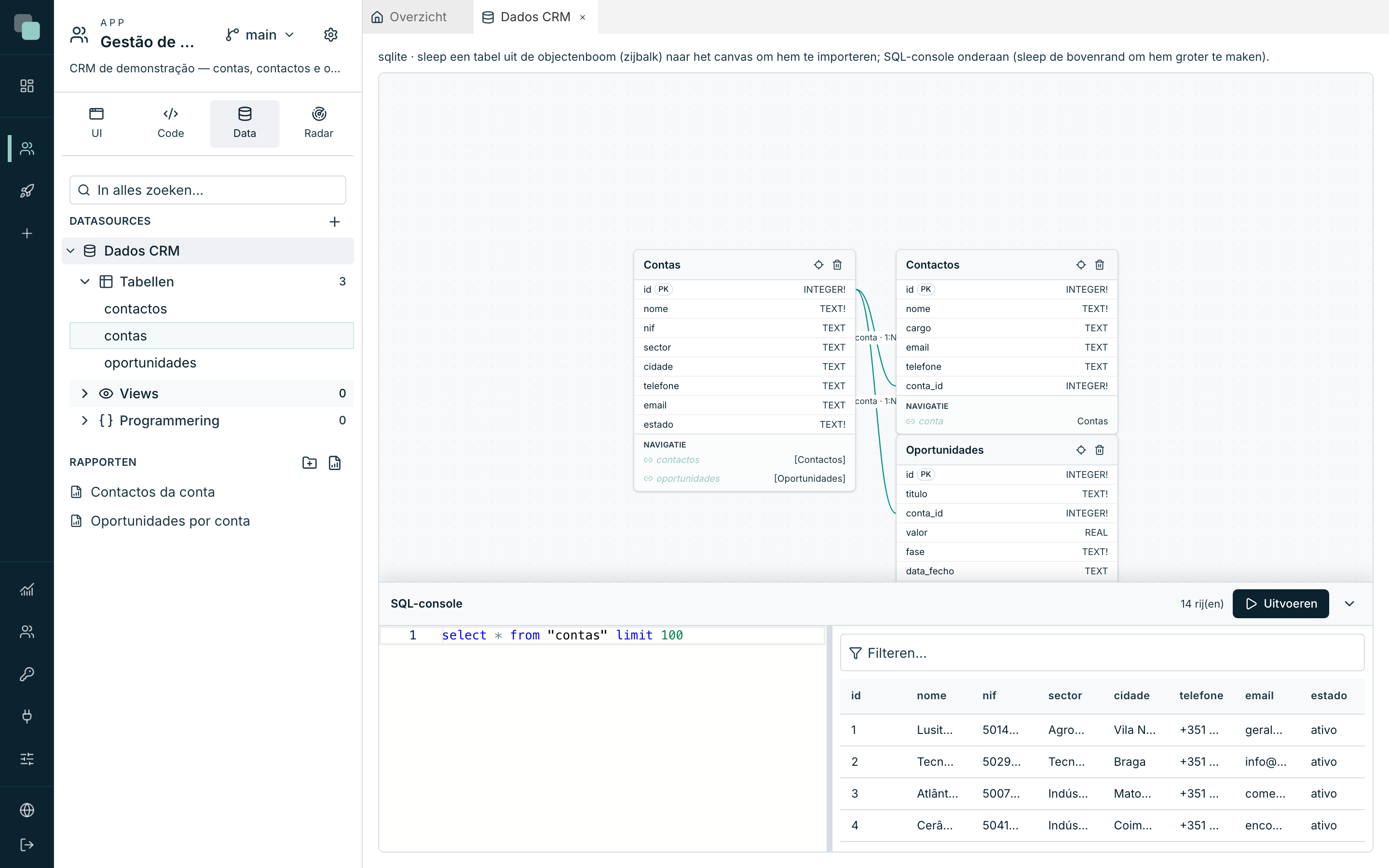Gegevens bekijken opent de SQL-console met de query al uitgevoerd — de echte rijen van de tabel, onder het model.