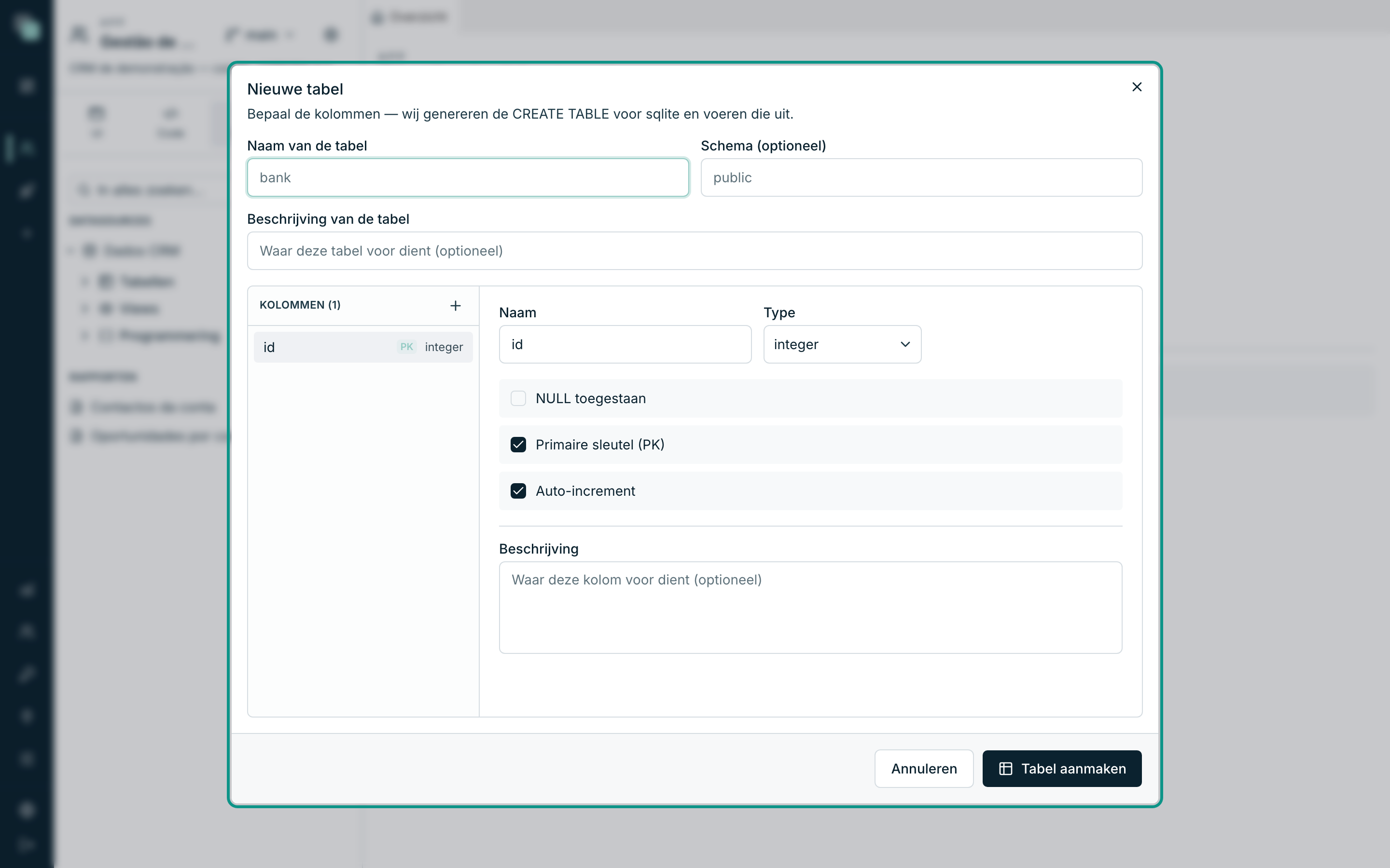 Het modale venster Nieuwe tabel: bepaal de kolommen en het platform genereert en voert de CREATE TABLE uit