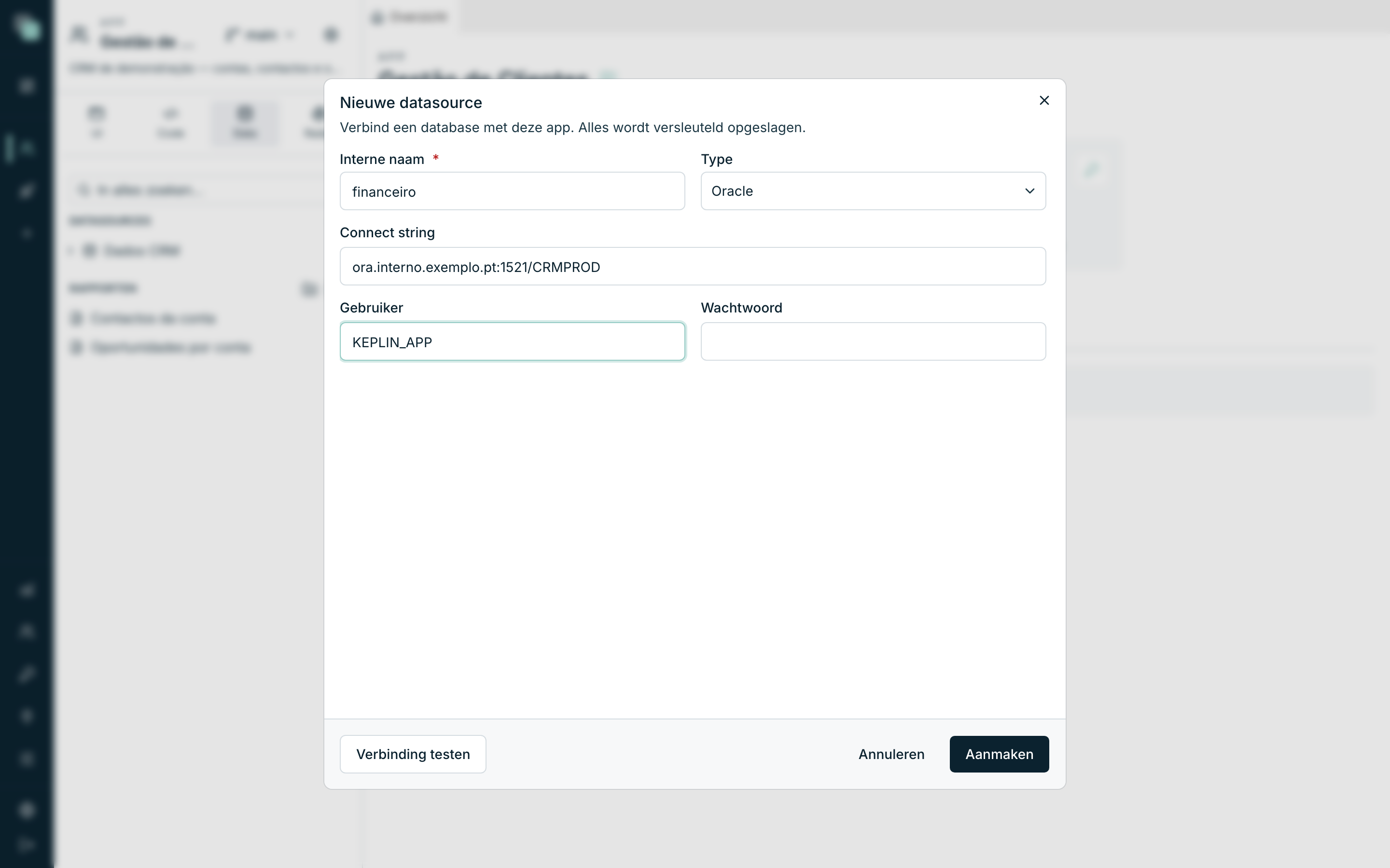 Het Oracle-formulier met de Connect string ingevuld