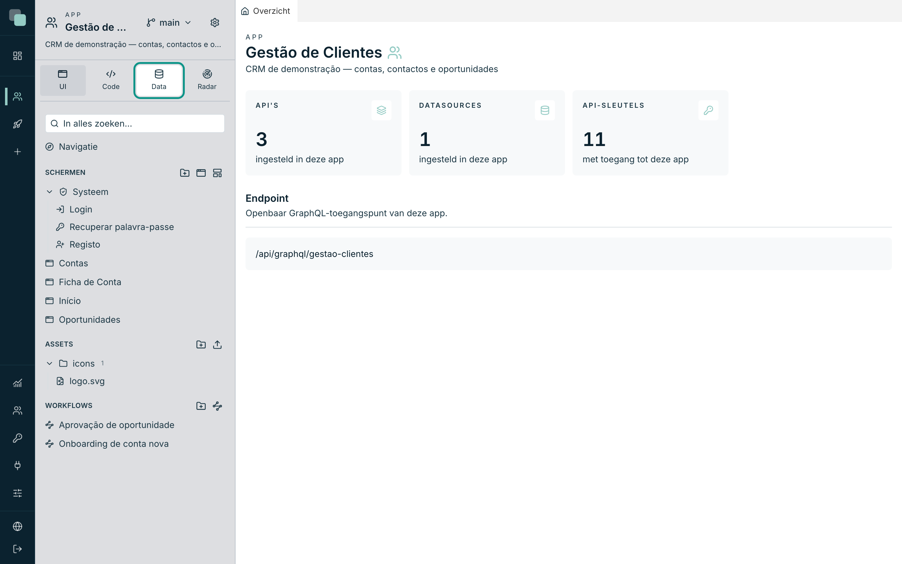 De vier panelen van de boom in de zijbalk — UI, Code, Data en Radar — onderaan de zijbalk.