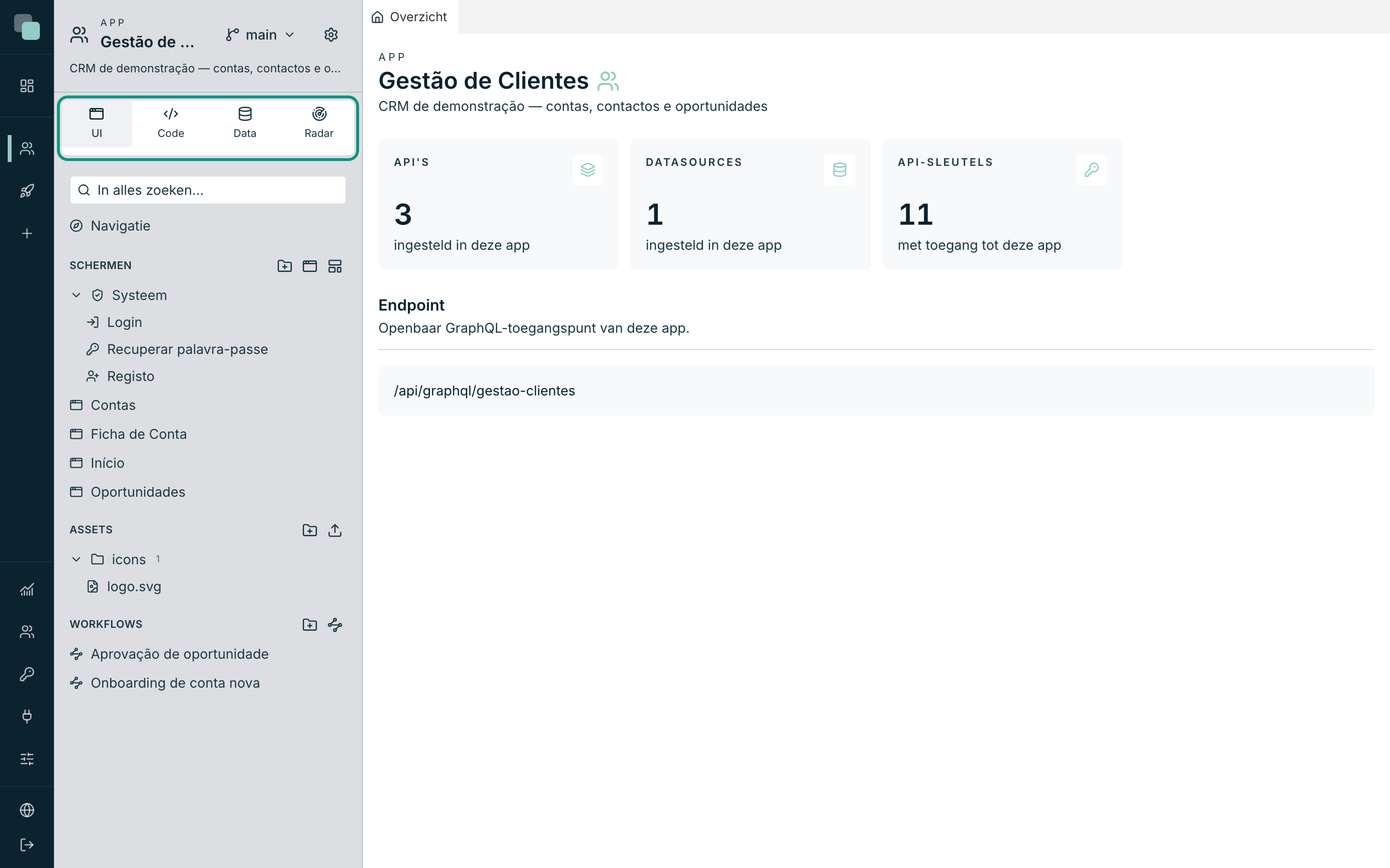 De boom van de app: de minitabs UI, Code, Data en Radar ordenen alles wat een app heeft.