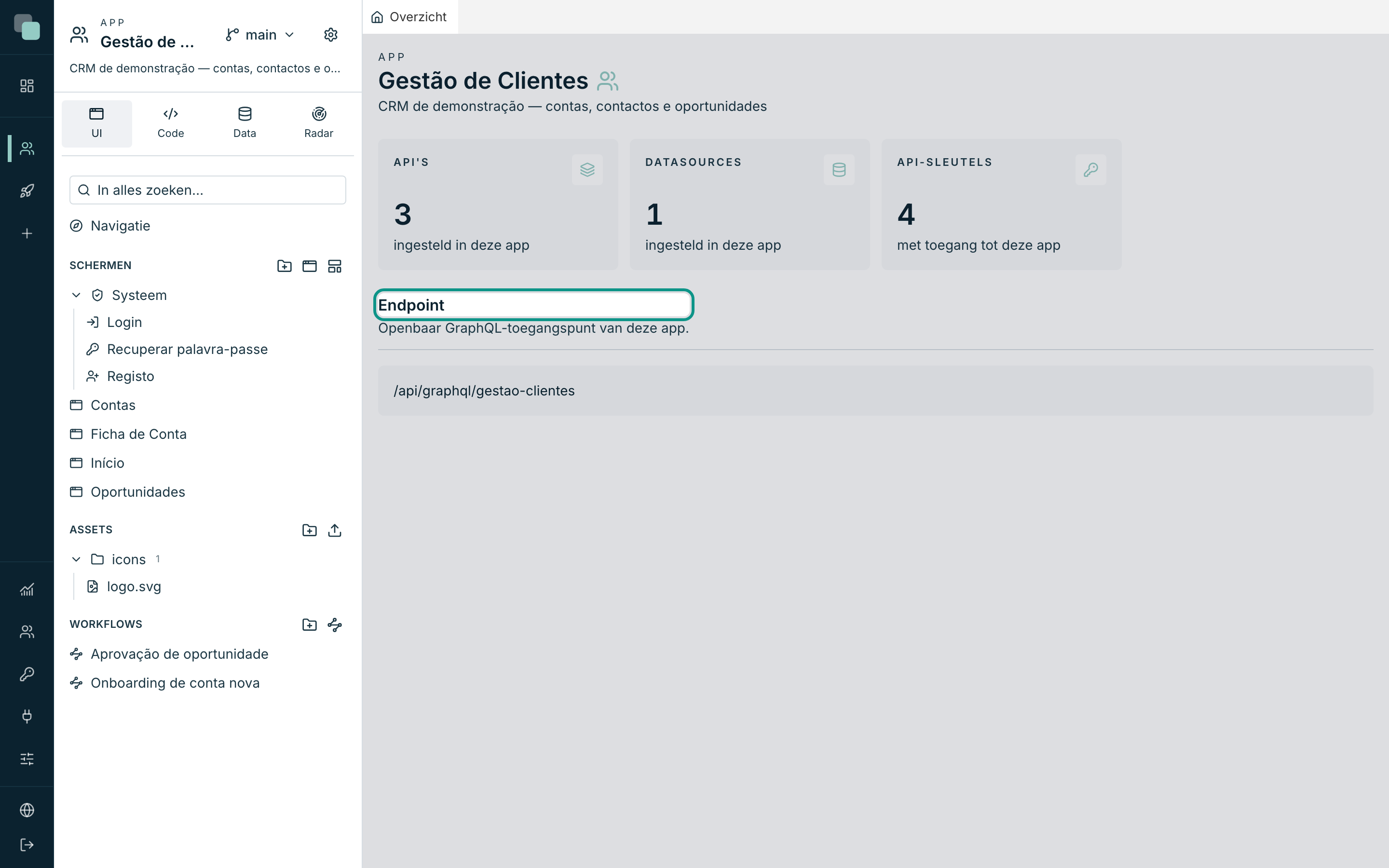 Het tabblad Overzicht van een app: aantallen en het GraphQL-endpoint al actief.