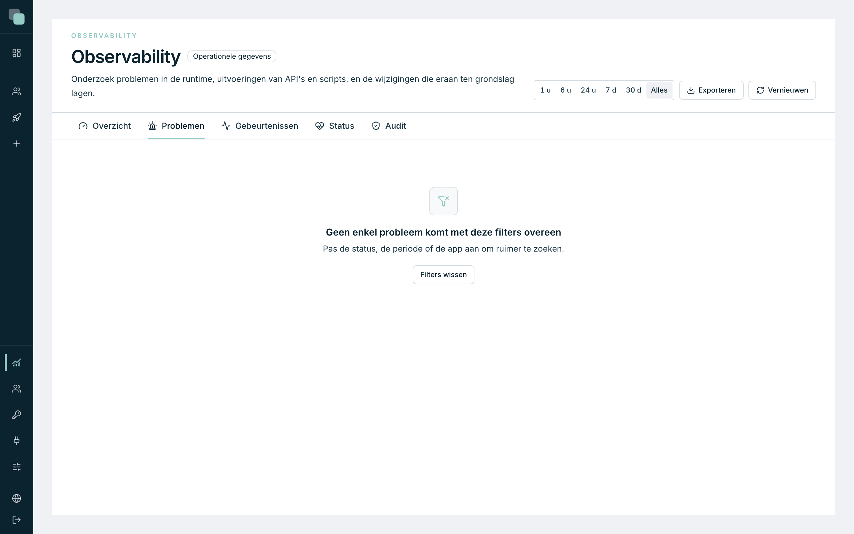 De sectie Problemen van de Observability — op deze demonstratie-installatie zonder enig onopgelost probleem