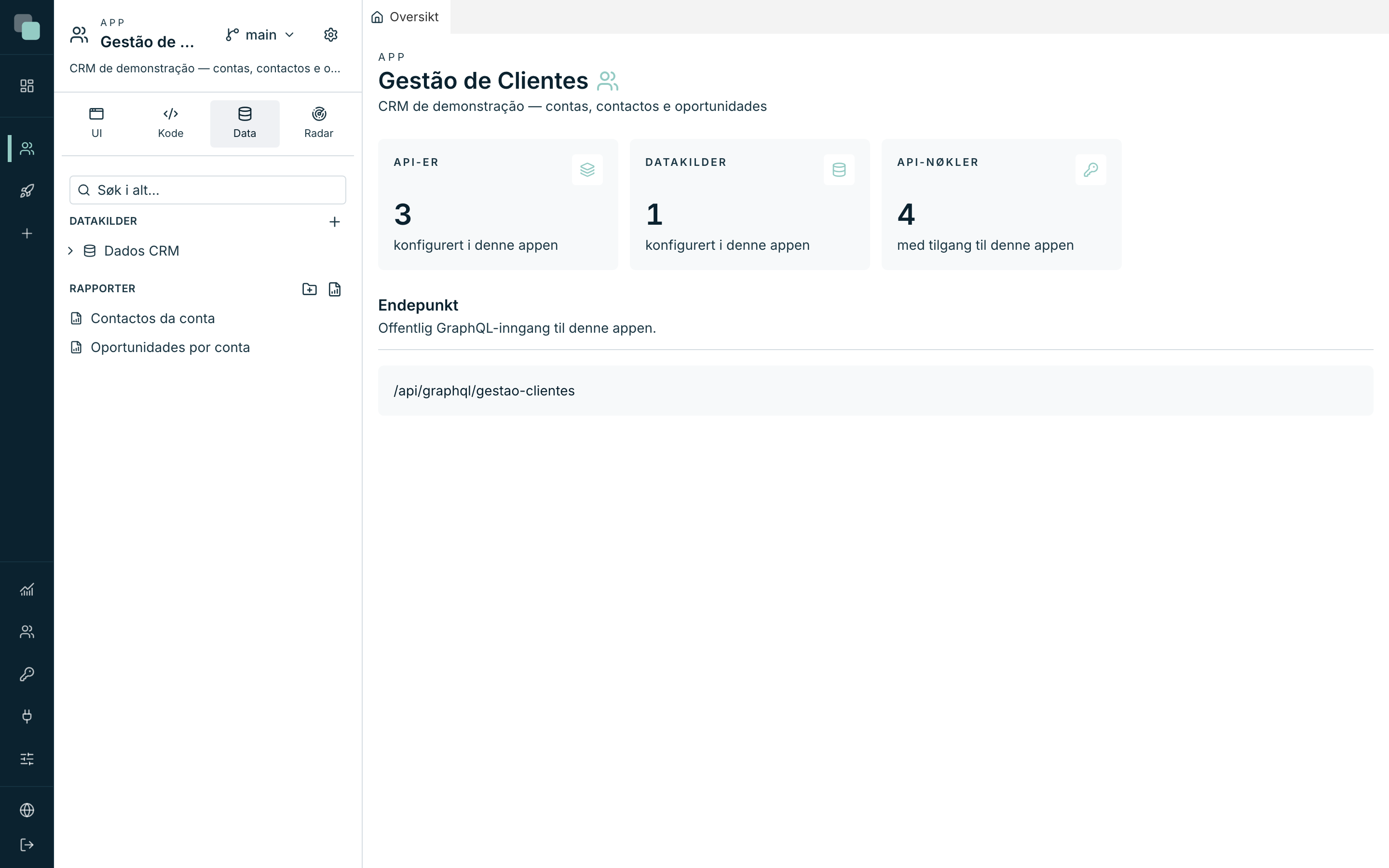 Siden Datakilder i appen Kundehåndtering, med tilkoblingen «crm» registrert