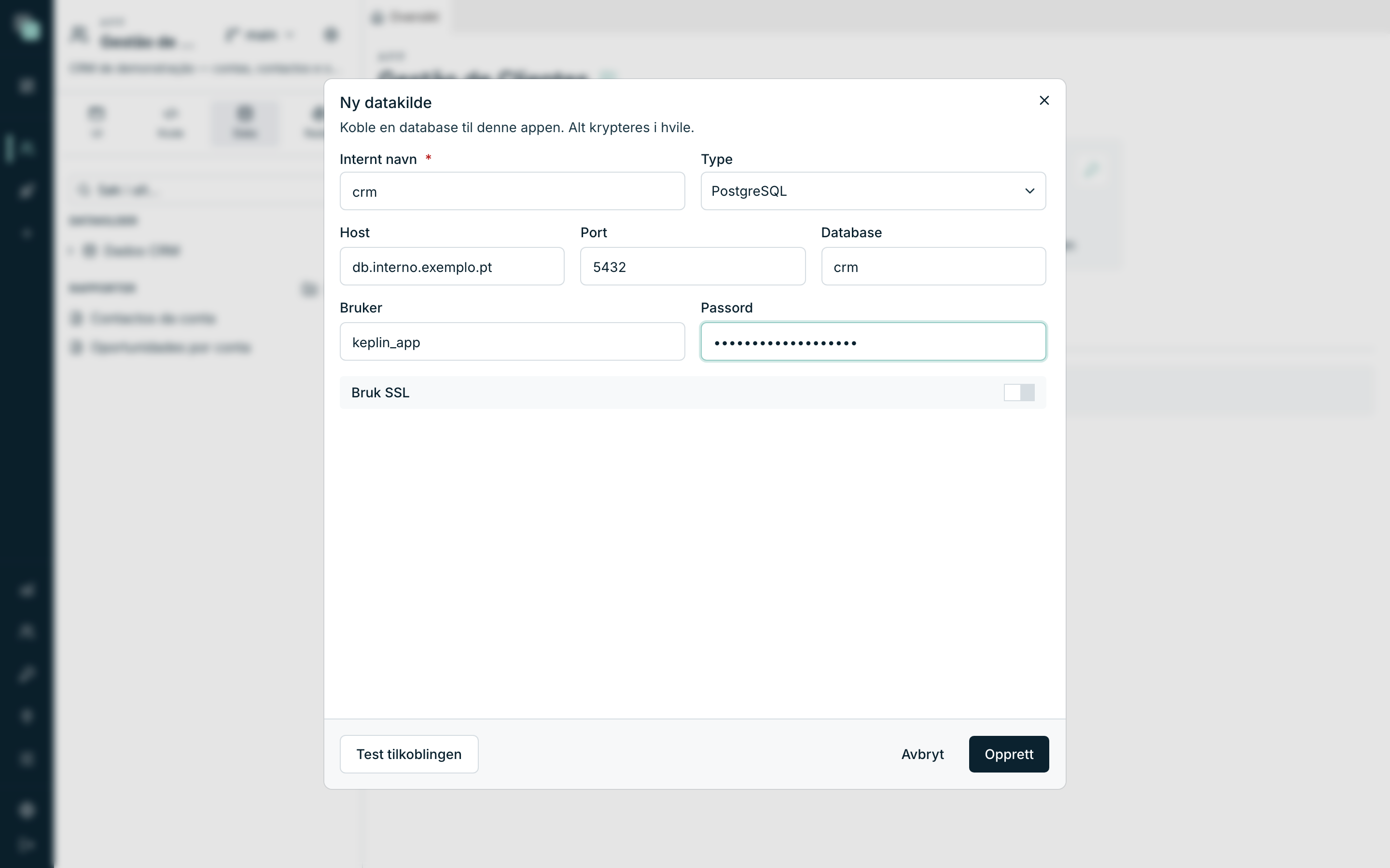 Skjemaet Ny datakilde fylt ut for PostgreSQL-tilkoblingen i appen Kundehåndtering