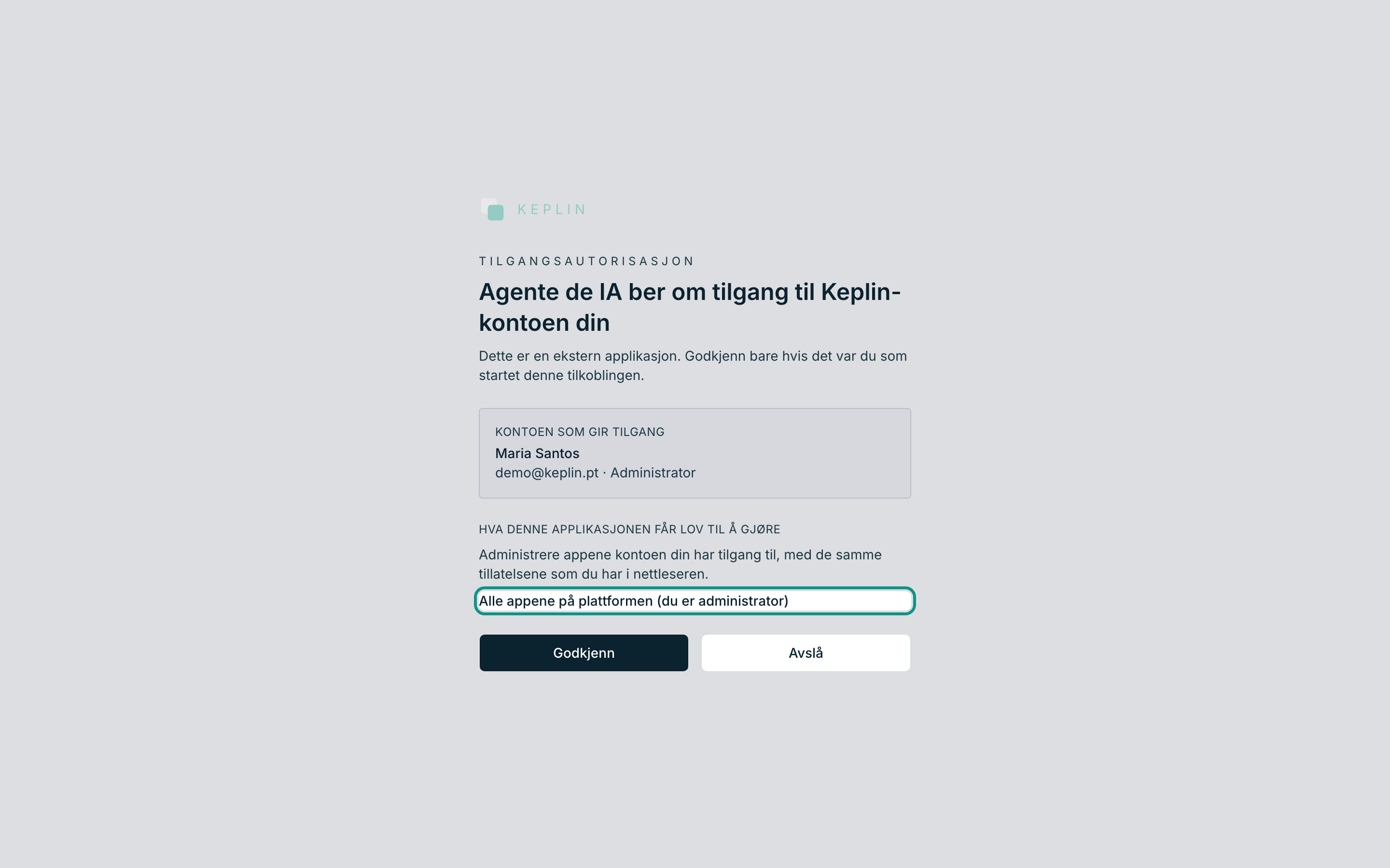 Listen over appene tilgangen omfatter, på autorisasjonsskjermen
