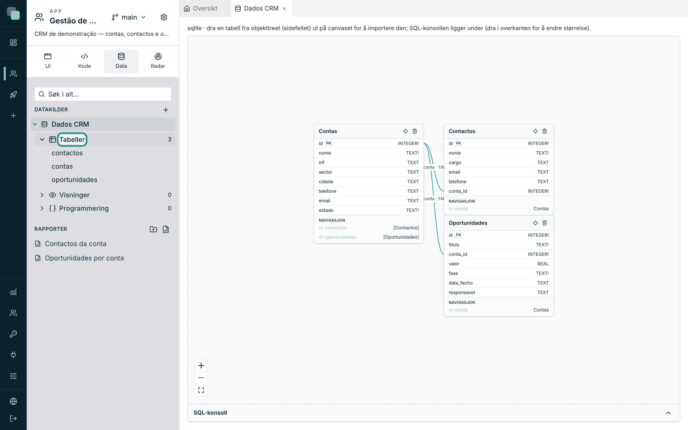 Objekttreet til datakilden: Tabeller, Visninger og Programmering, med antallet i hver gruppe.