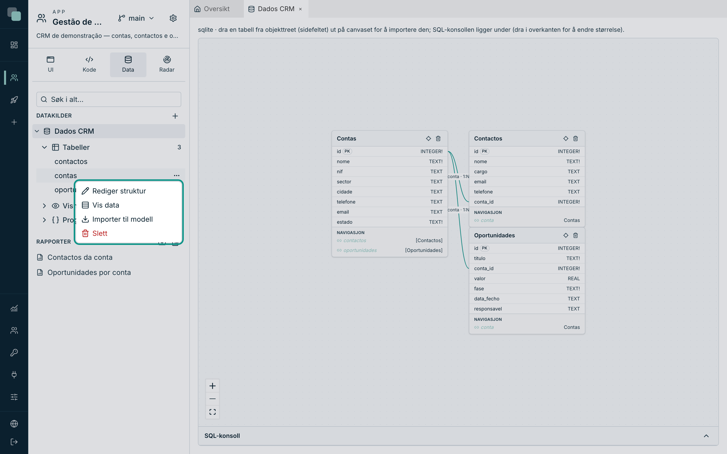Handlingsmenyen for en tabell: Rediger struktur, Vis data, Importer til modell og Slett.