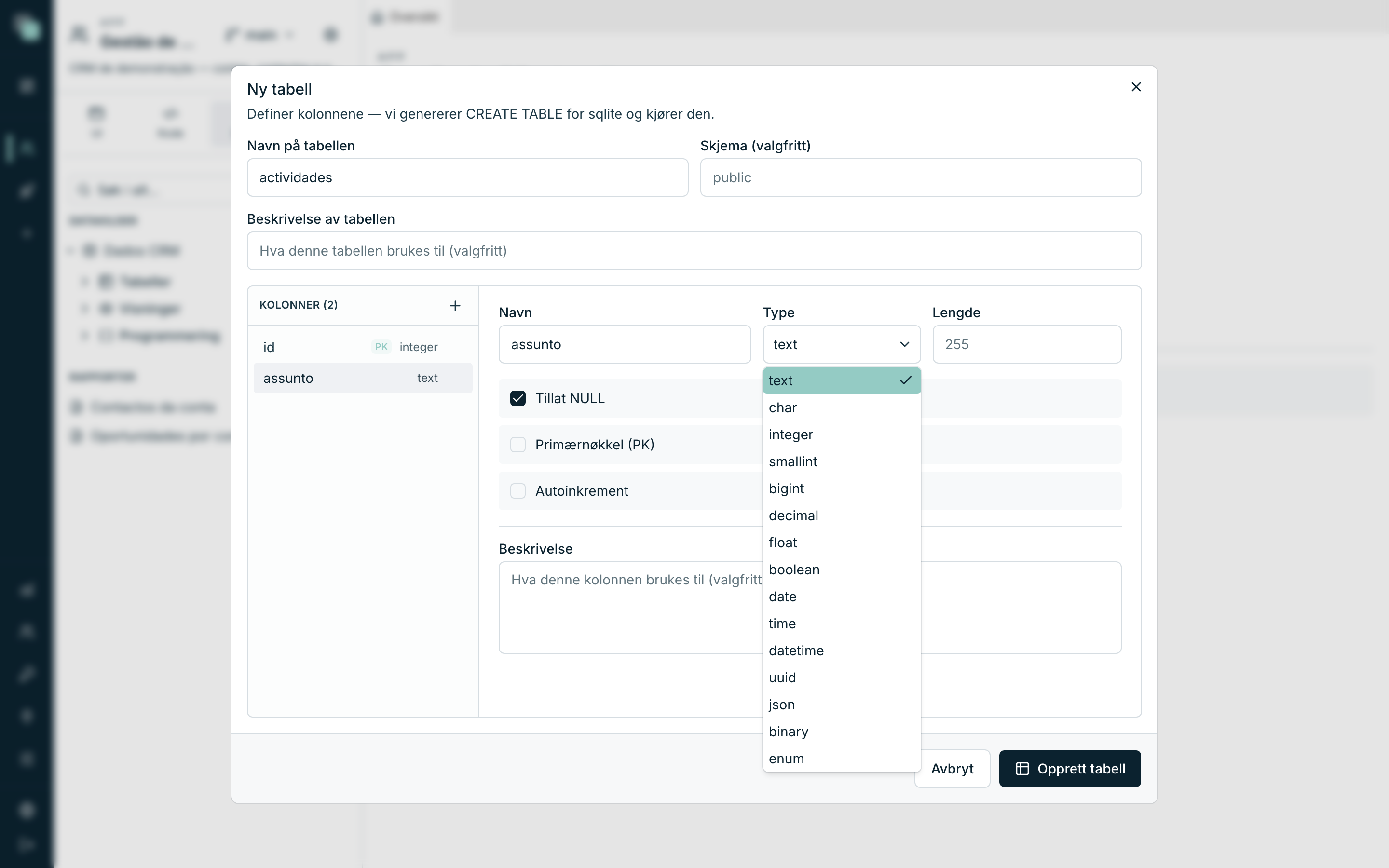 Listen over kolonnetyper — logiske typer, like i enhver tilkoblet database.