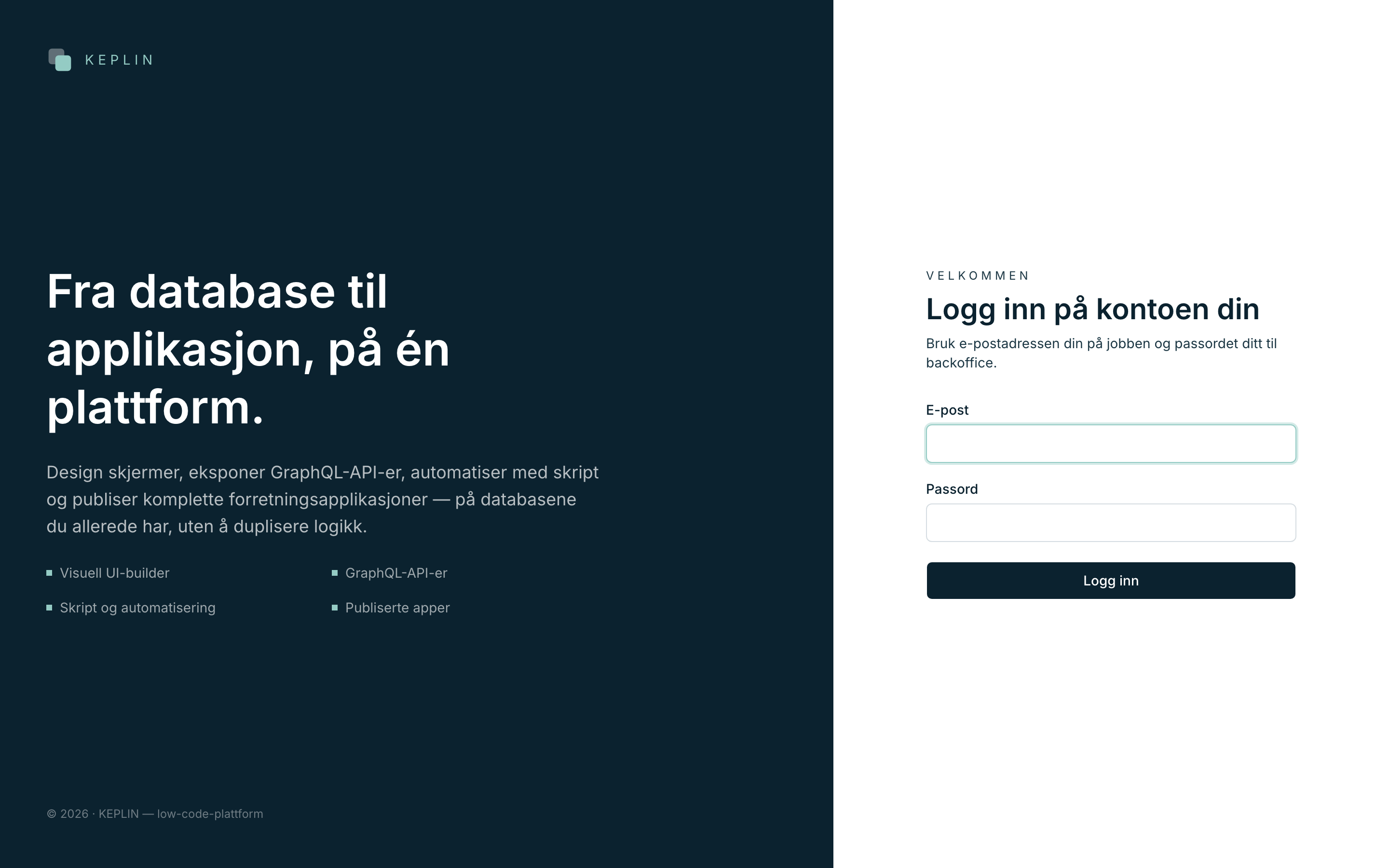 Innloggingssiden: skjemaet med E-post, Passord og knappen Logg inn.