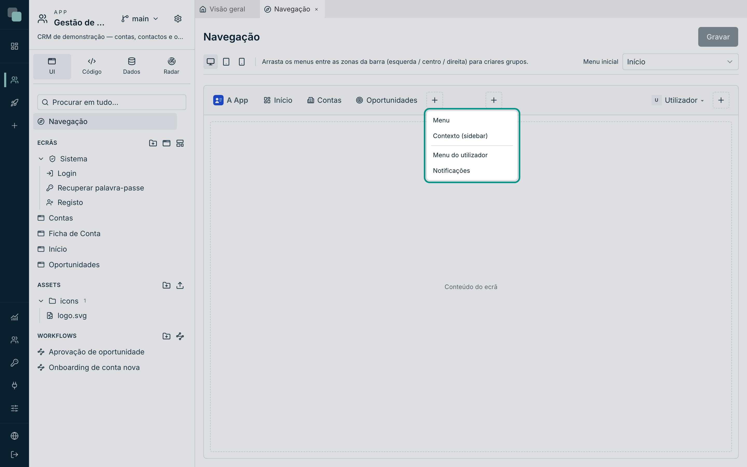 O + de uma zona: os tipos de menu que a barra de topo aceita — item, contexto com barra lateral, menu do utilizador e notificações.