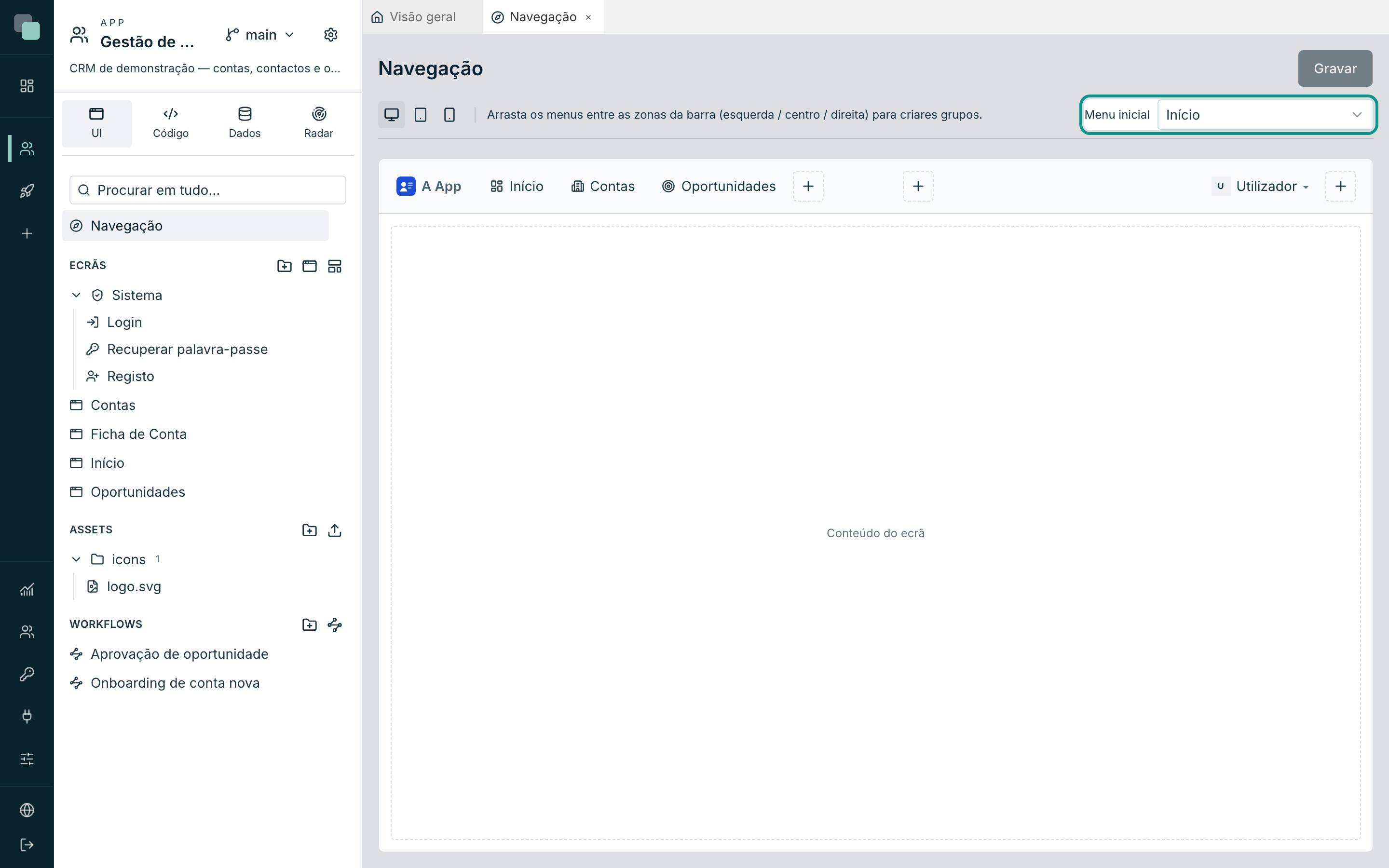 Menu inicial — qual dos menus abre quando alguém entra na app, escolhido por dispositivo.