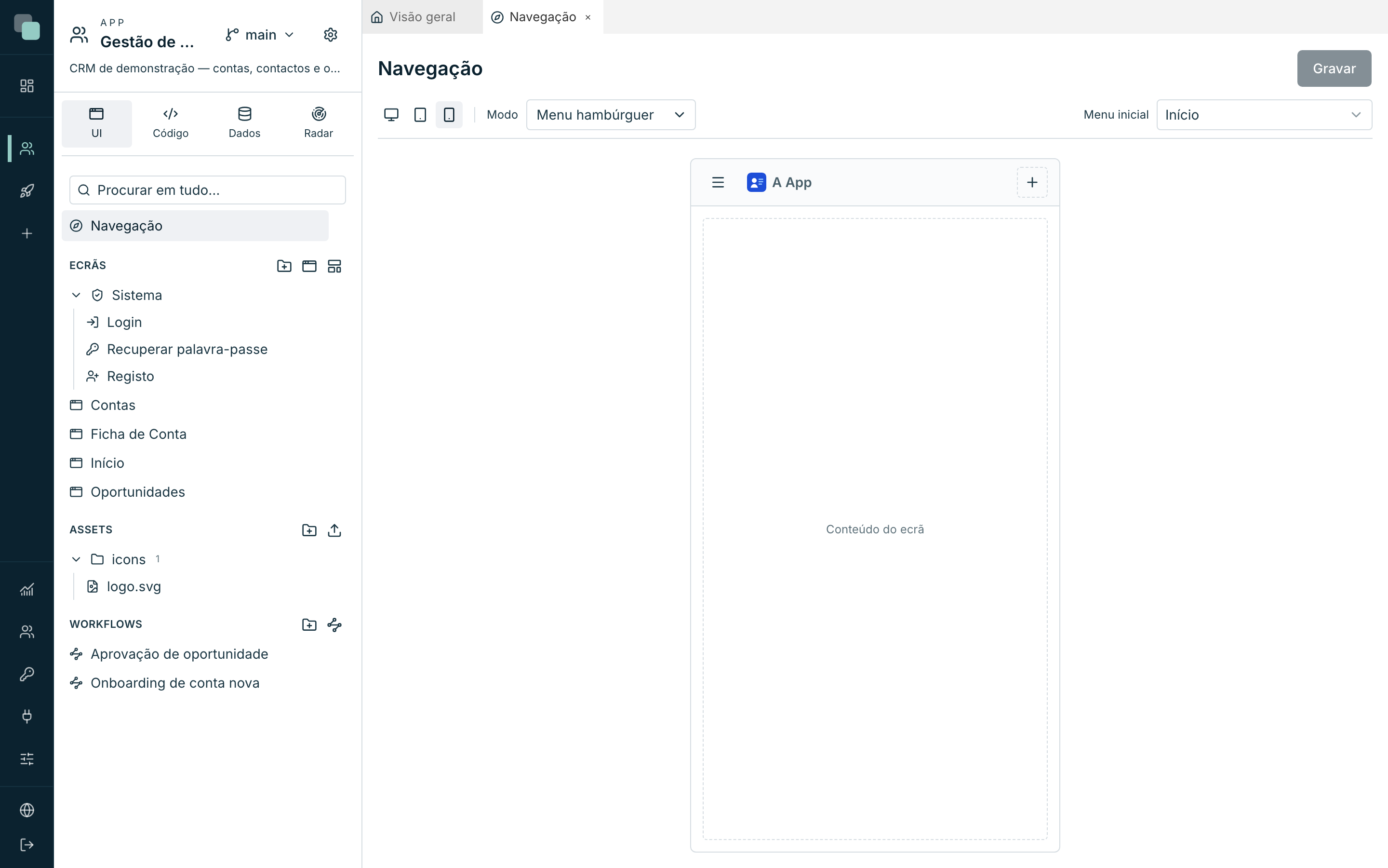 A navegação do telemóvel: outro desenho e outro Modo — aqui o menu hambúrguer, com os menus na gaveta.
