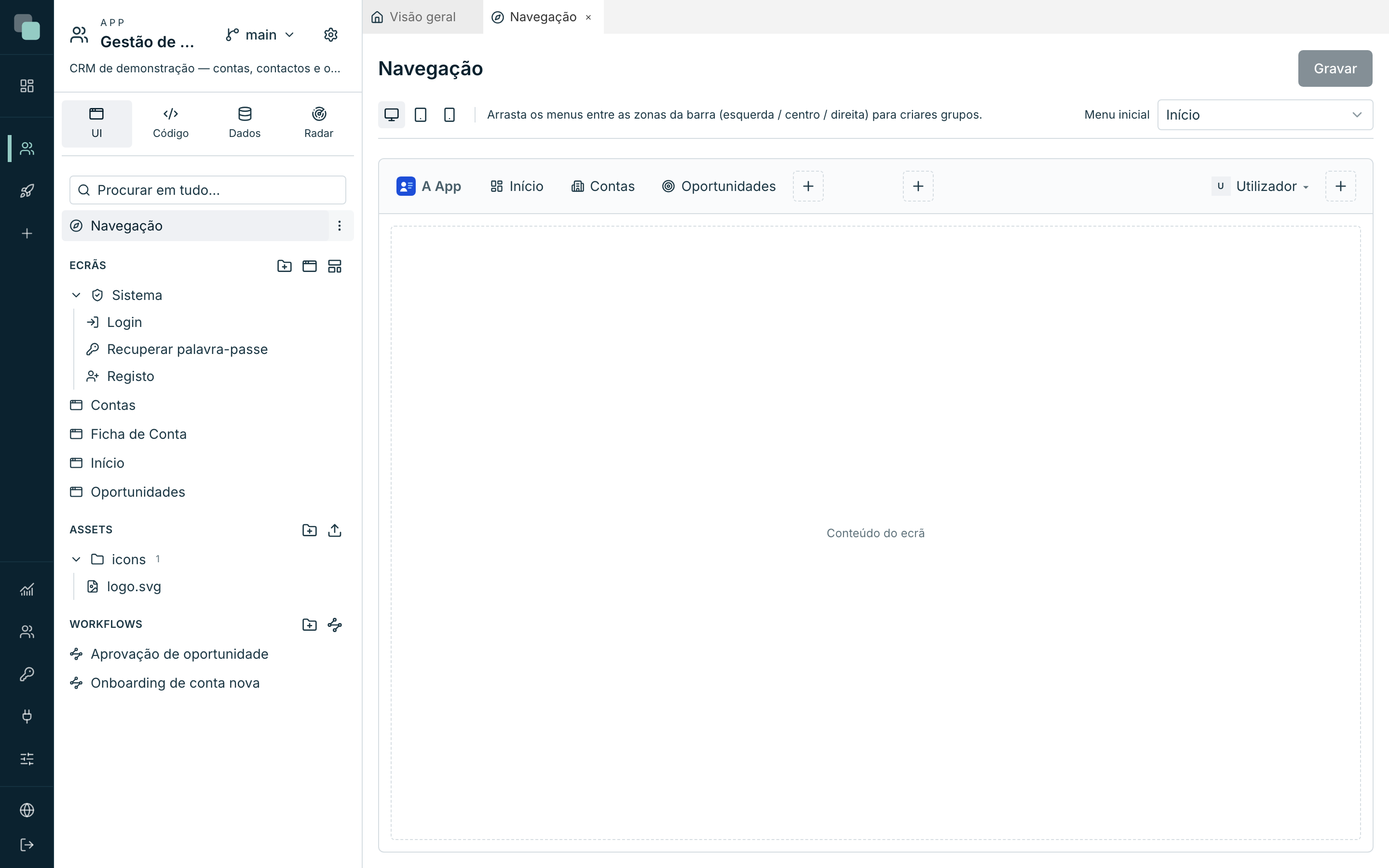 O editor de Navegação em Web: a barra de topo desenhada tal como aparece na app, com as zonas esquerda, centro e direita.