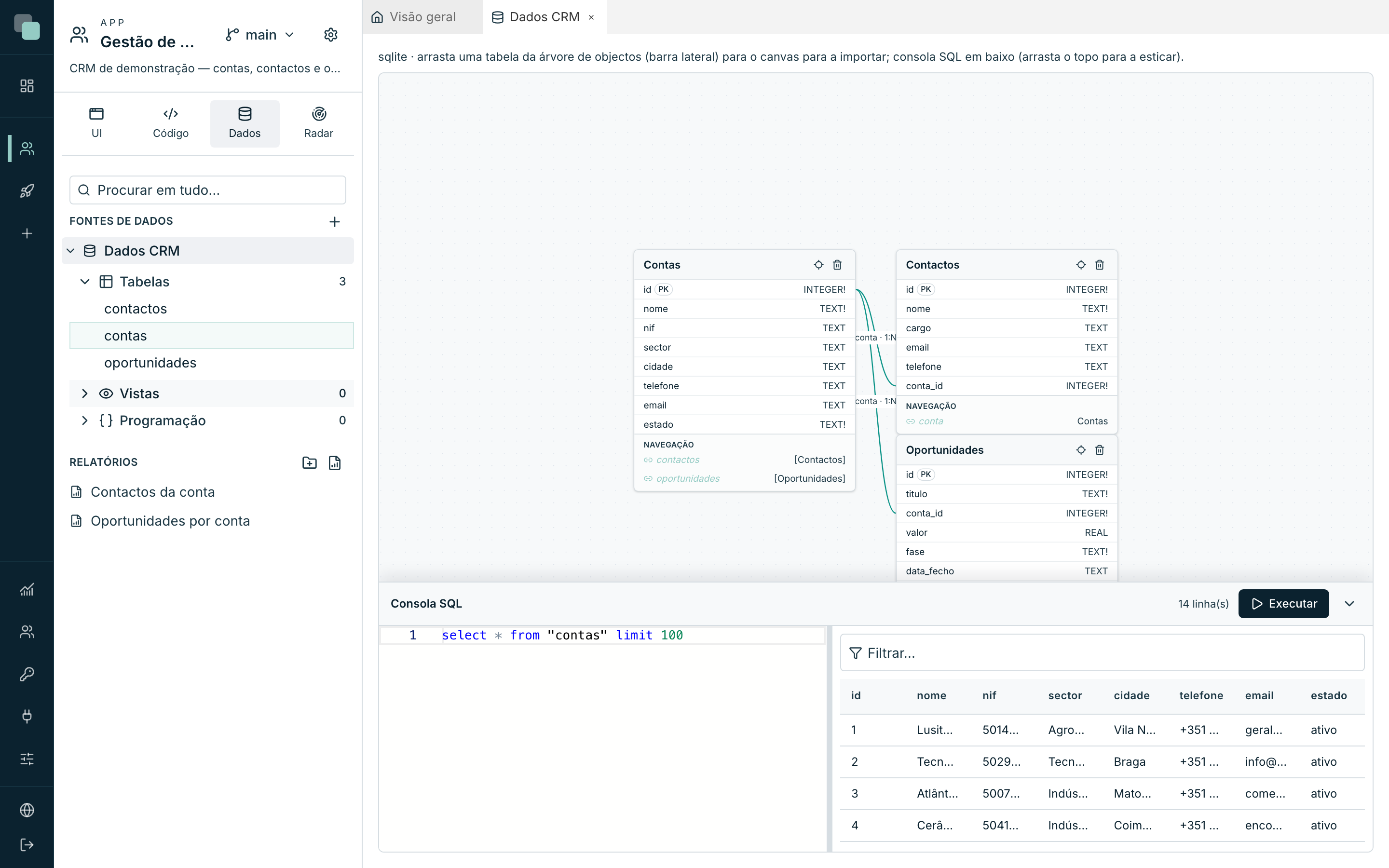 Ver dados abre a consola SQL já com a consulta feita — as linhas reais da tabela, por baixo do modelo.