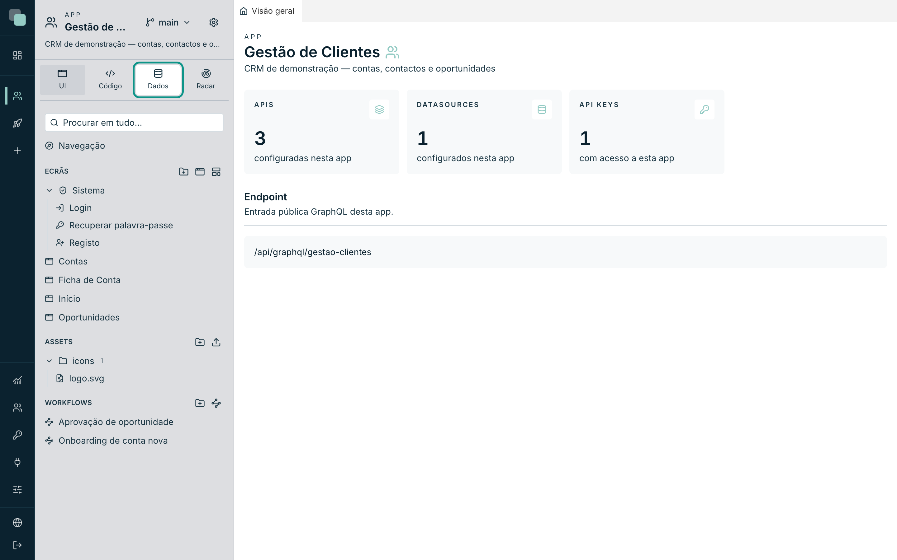 Os quatro painéis da árvore lateral — UI, Código, Dados e Radar — na base da barra lateral.