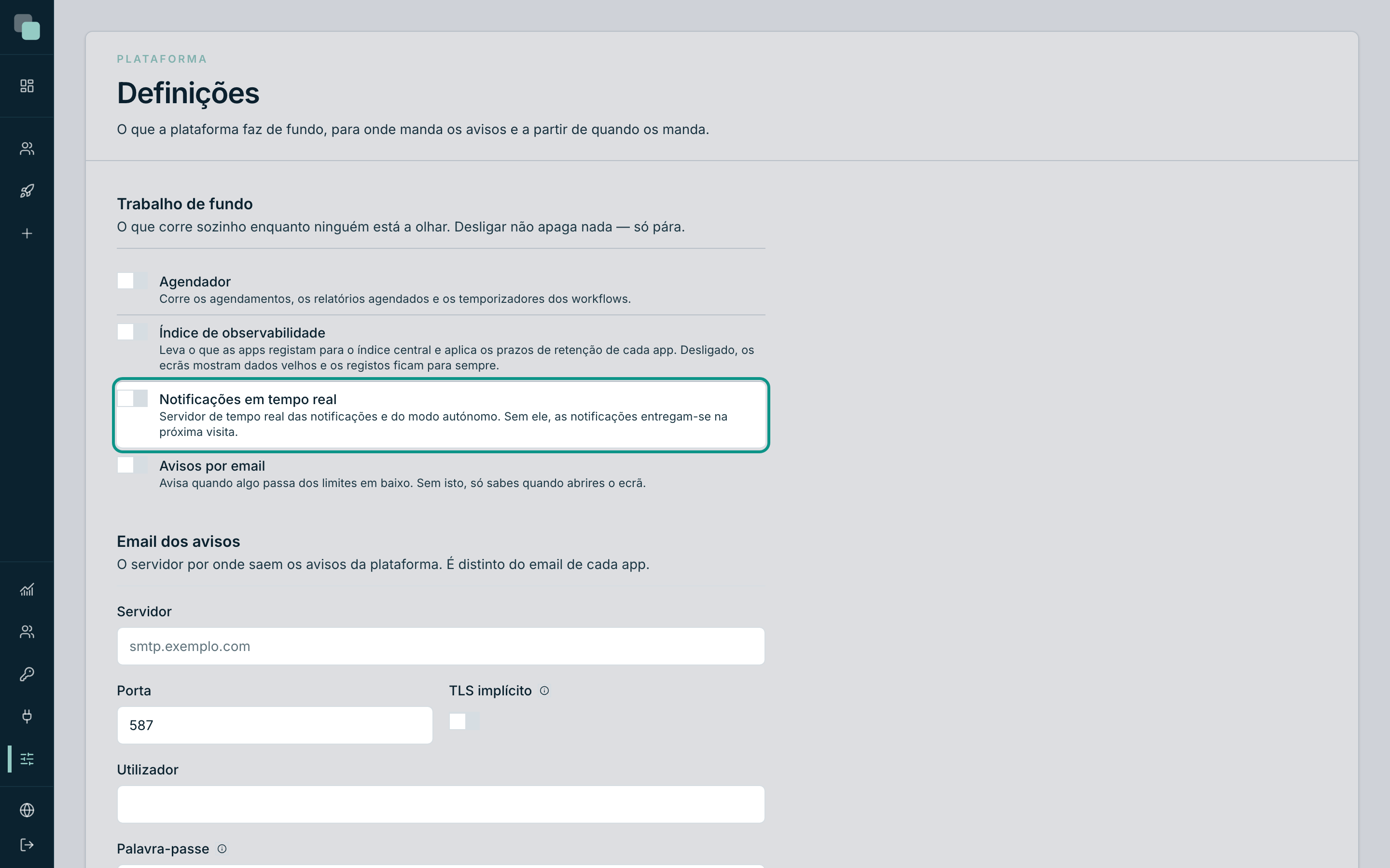 O interruptor Notificações em tempo real, nas Definições da plataforma