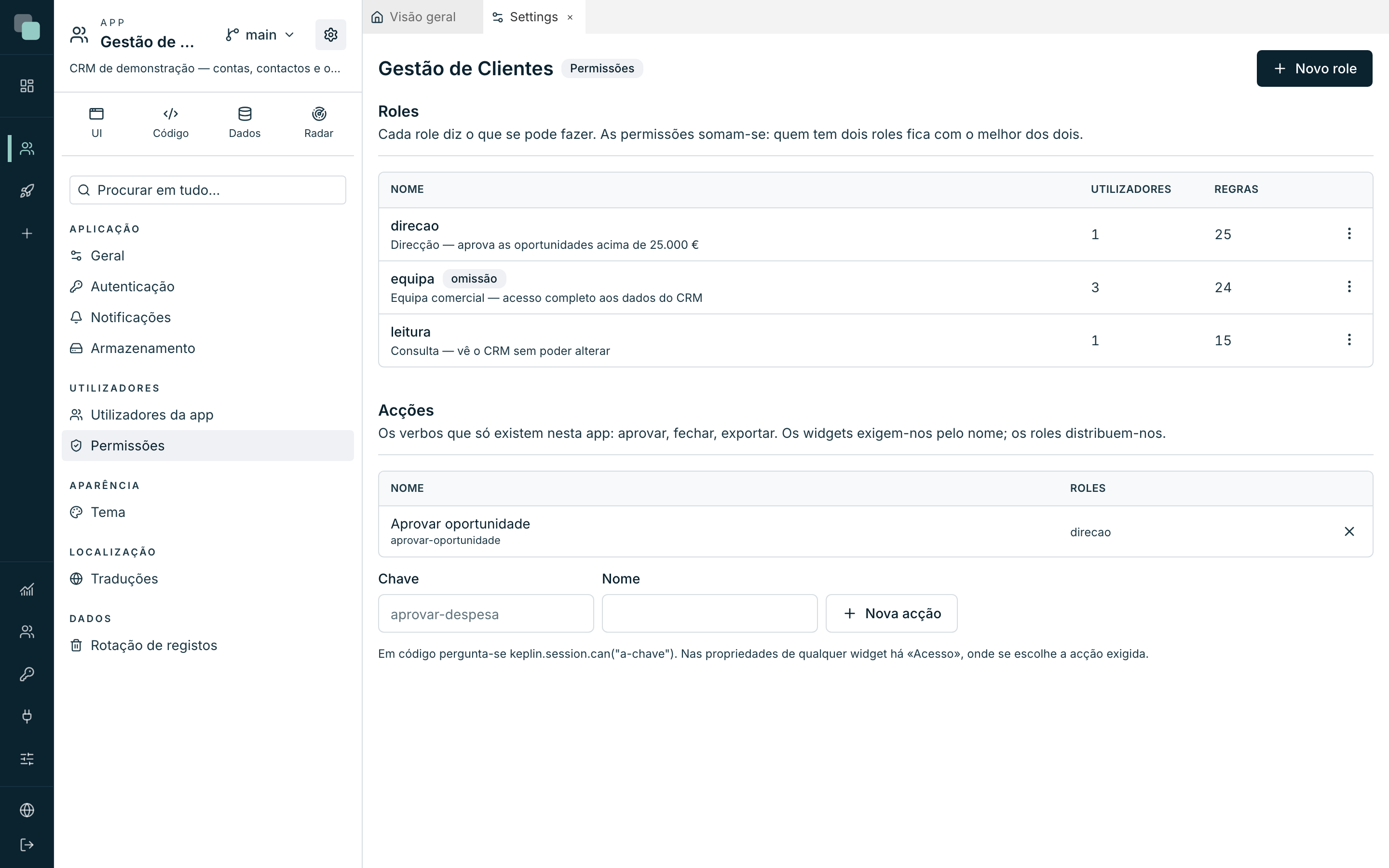A secção Permissões da app: os roles, com os utilizadores e as regras de cada um, e as acções declaradas por baixo.