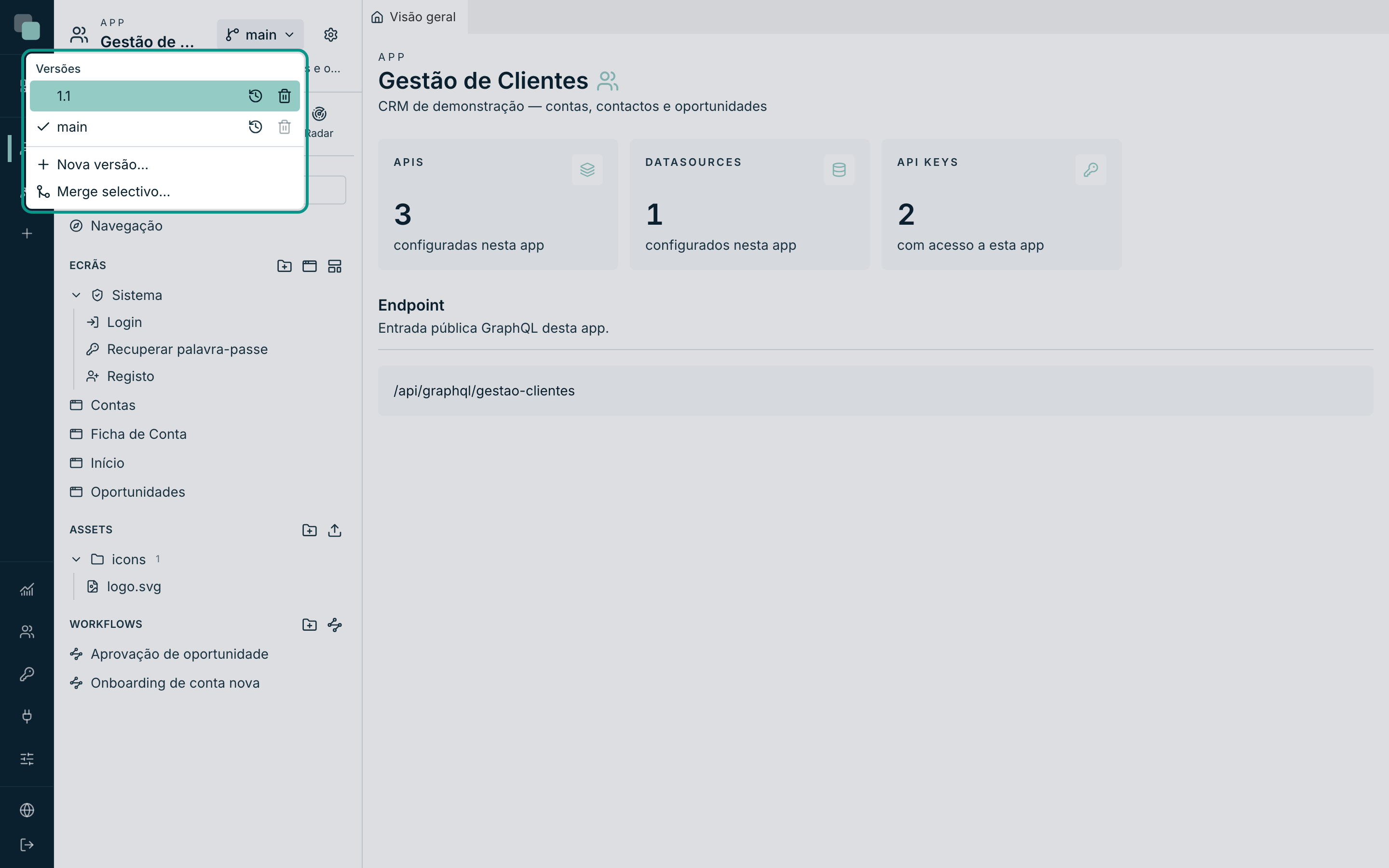 O menu Versões da app: a marca na versão de trabalho, as outras versões e as acções de cada linha.