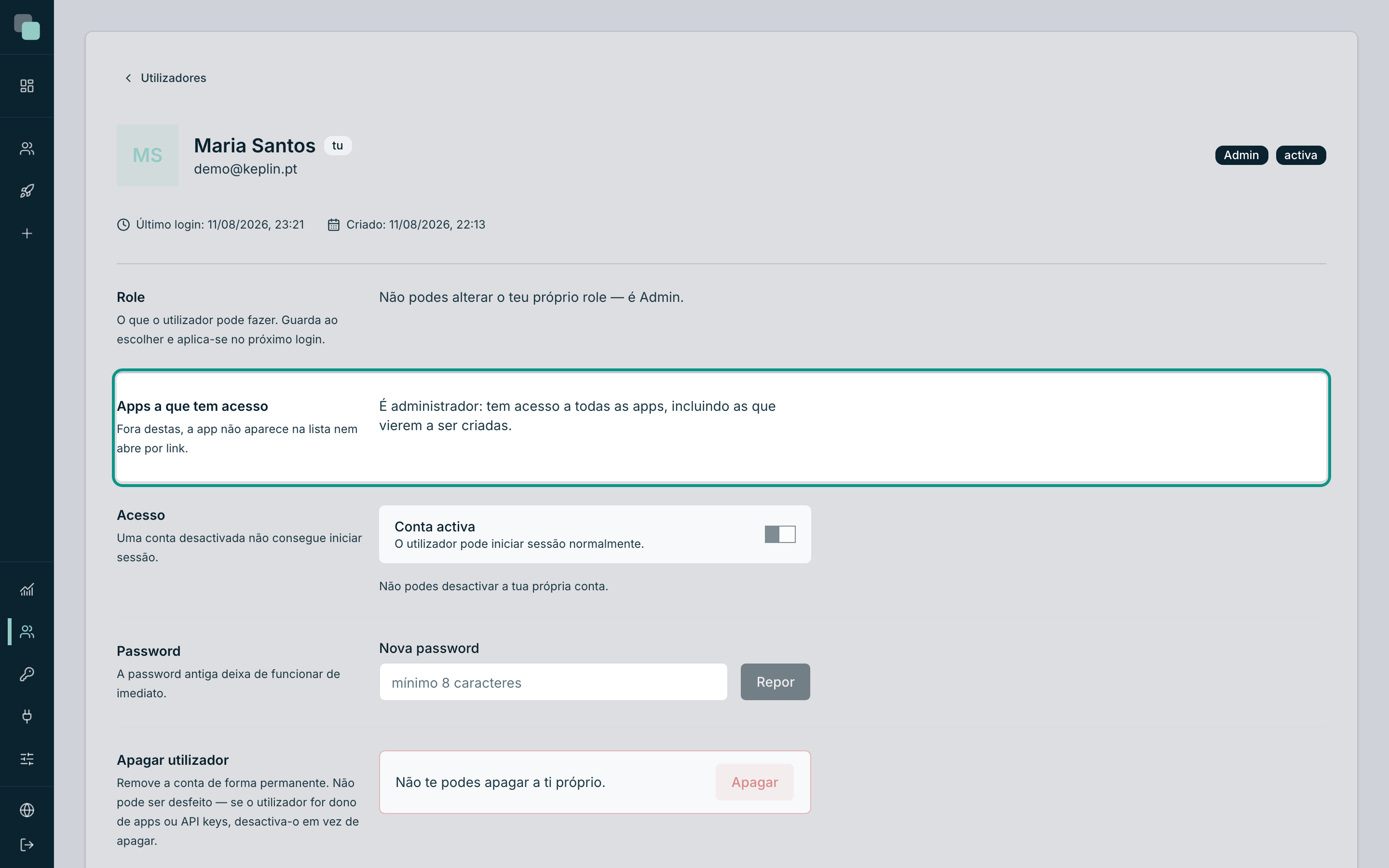 O mesmo painel na ficha de um administrador: sem escolha, com acesso a todas as apps