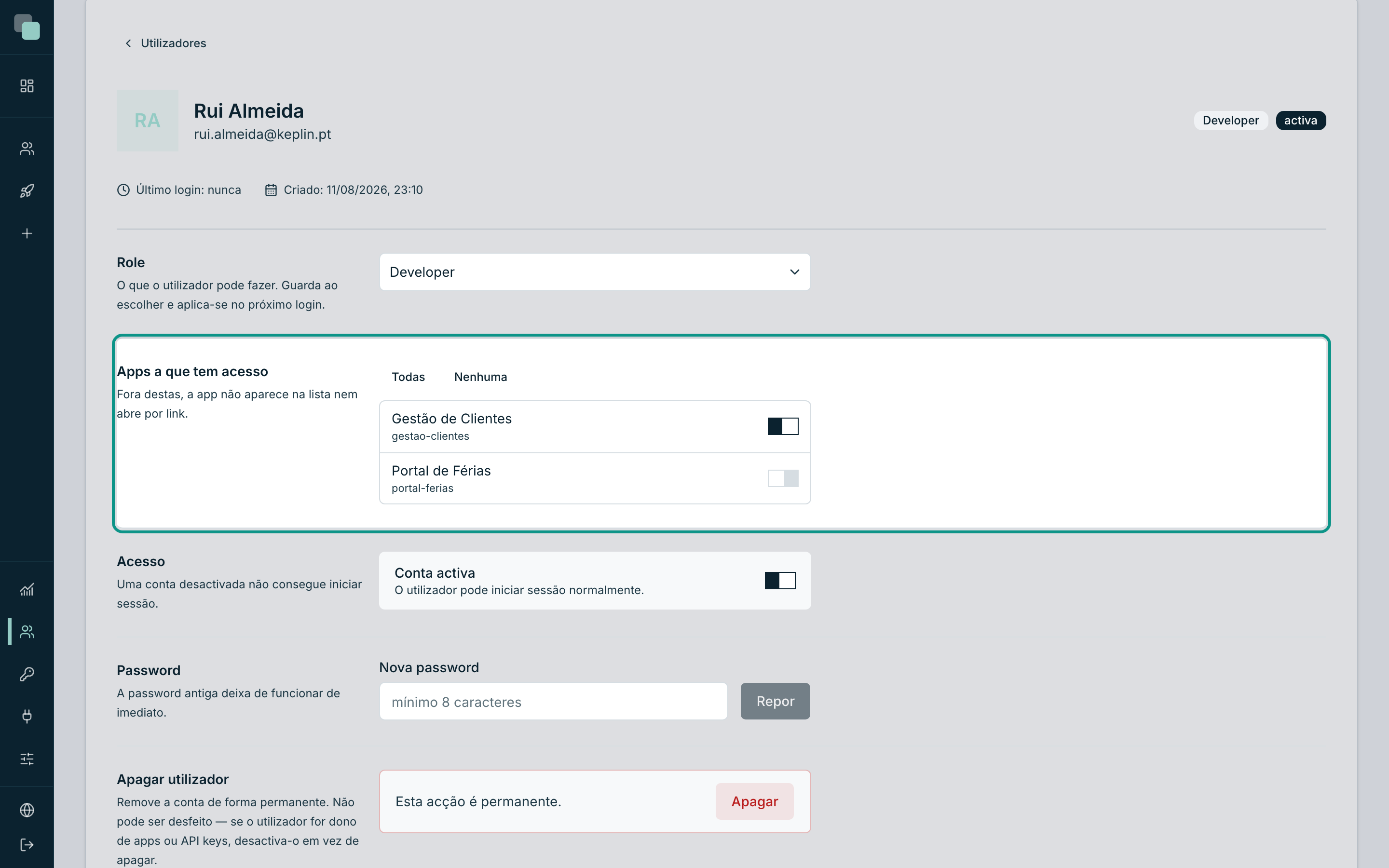 O painel Apps a que tem acesso, na ficha de um utilizador: um interruptor por app — fora destas, a app não aparece.