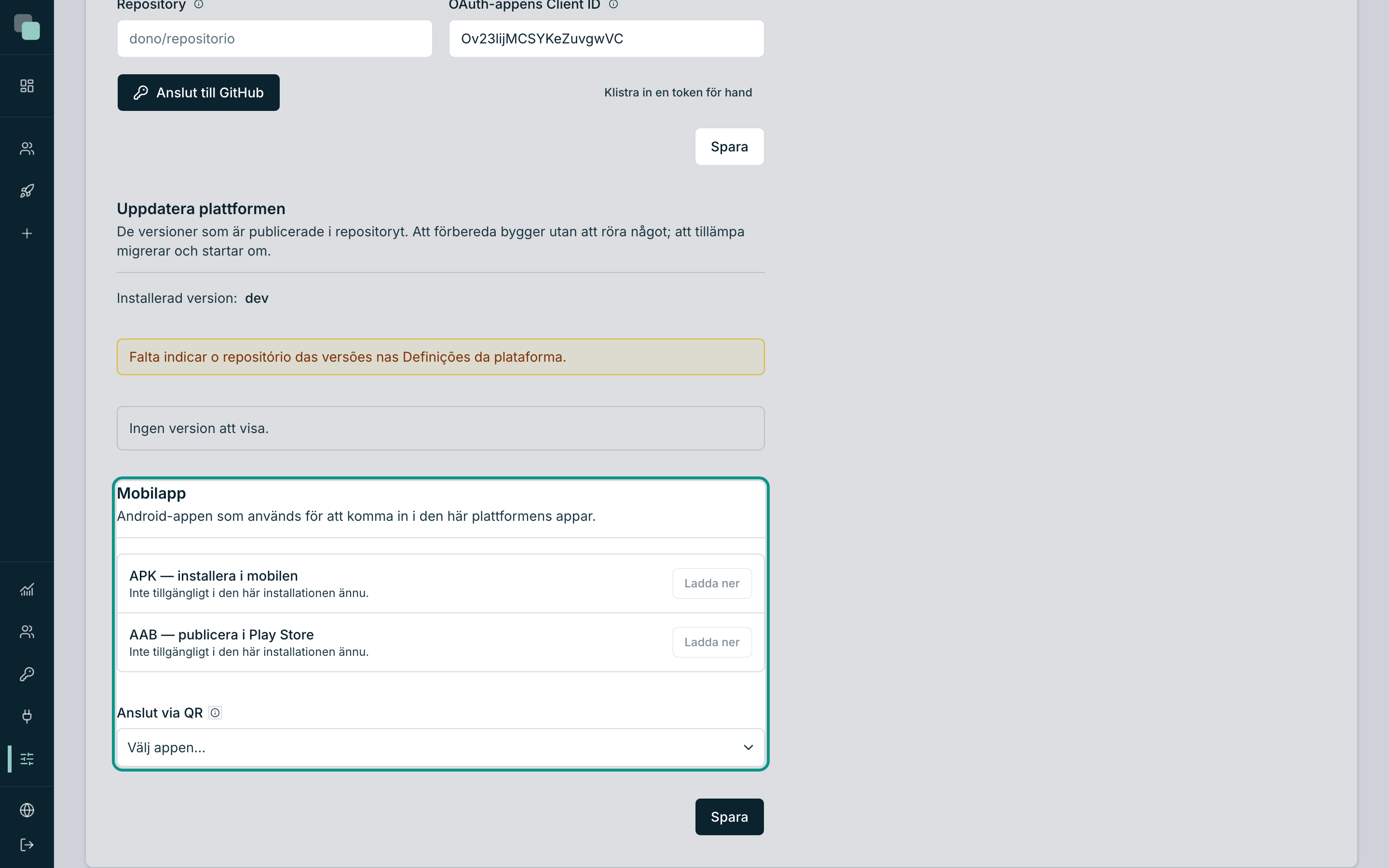 Panelen Mobilapp i plattformens Inställningar, med de två filerna