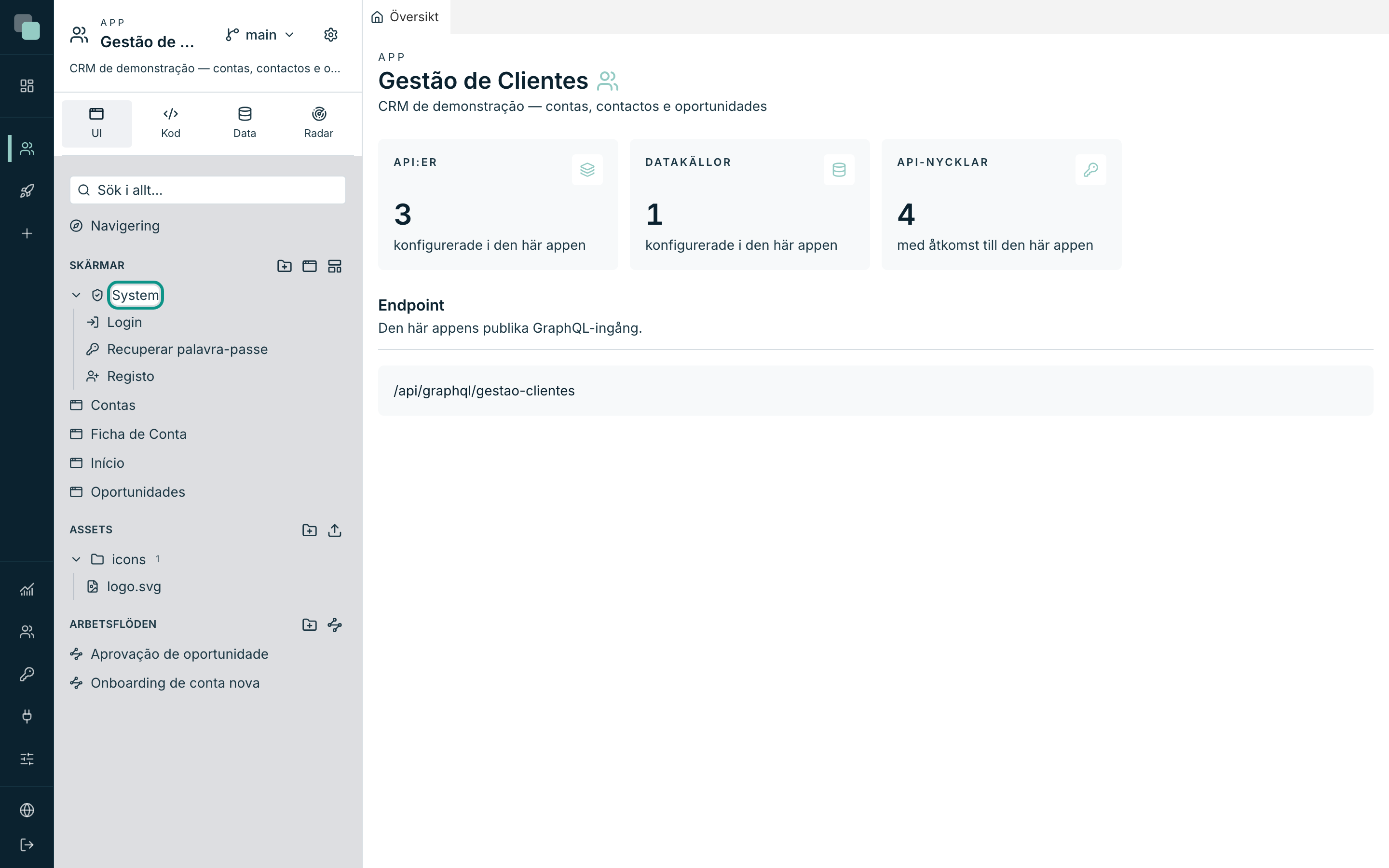 Gruppen System i skärmträdet: Login, Recuperar palavra-passe och Registo finns från första sekunden.