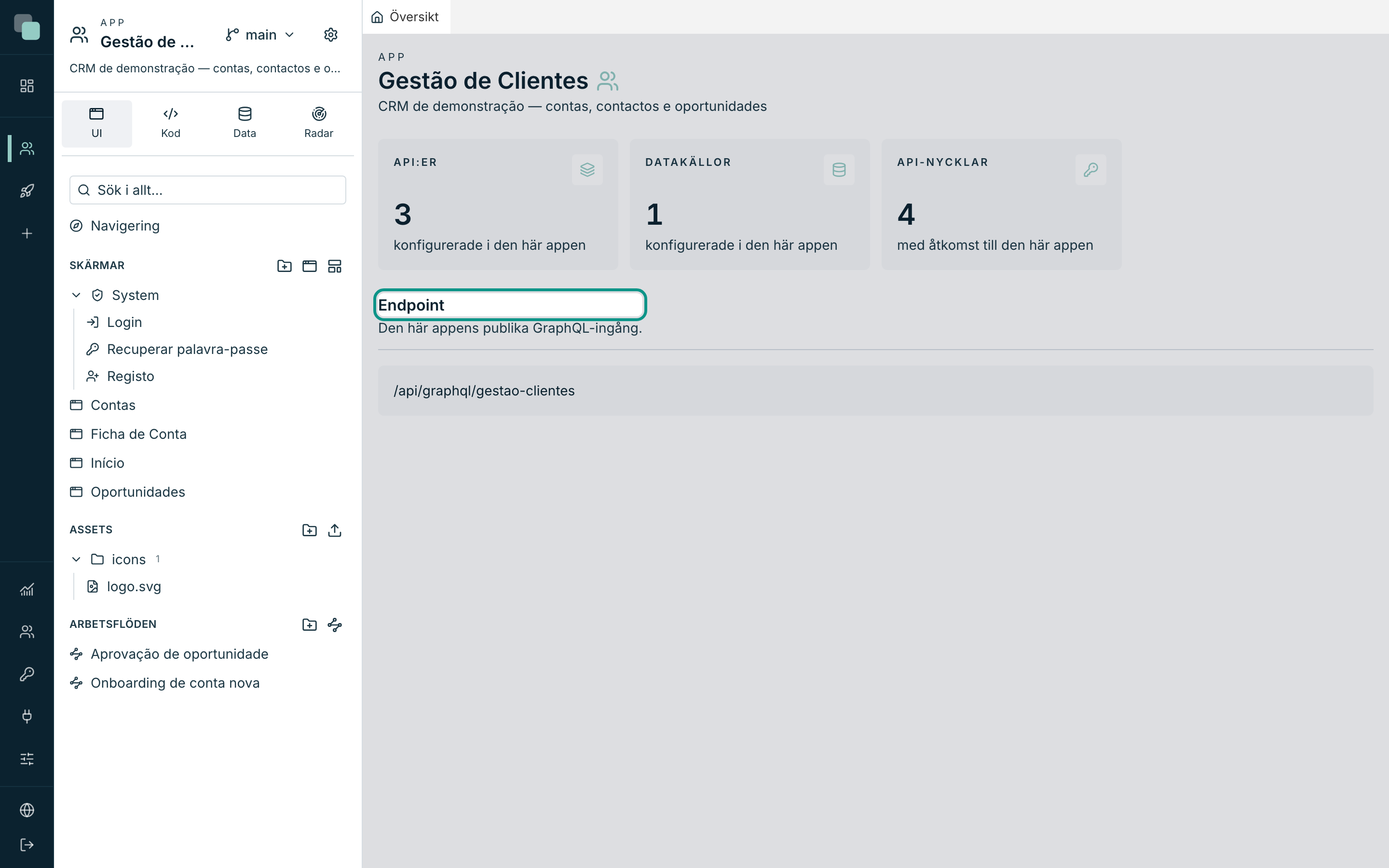 En apps flik Översikt: antalen och GraphQL-endpointen redan aktiv.