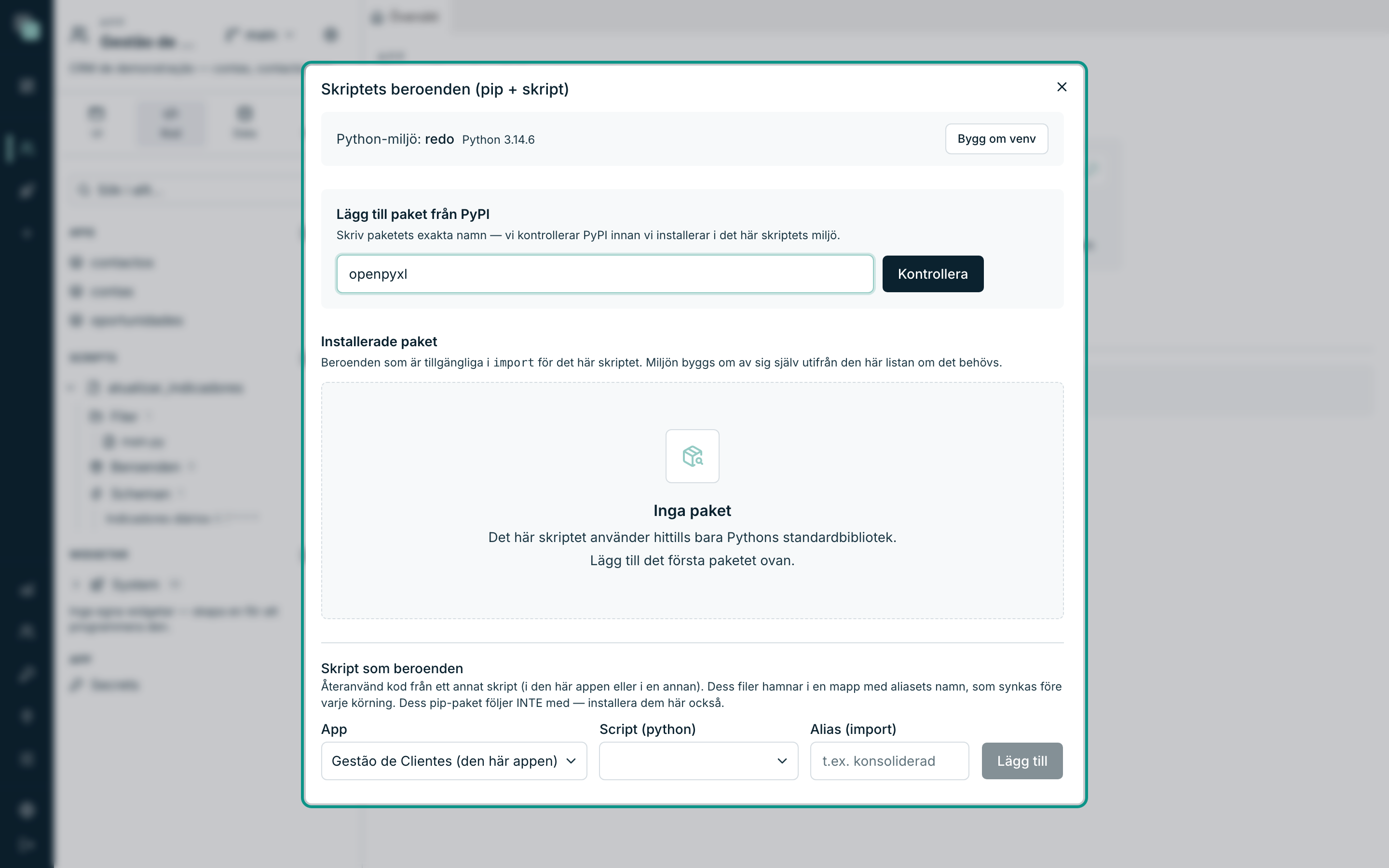 Beroendehanteraren — Python-miljö, lägga till paket från PyPI och listan över installerade.